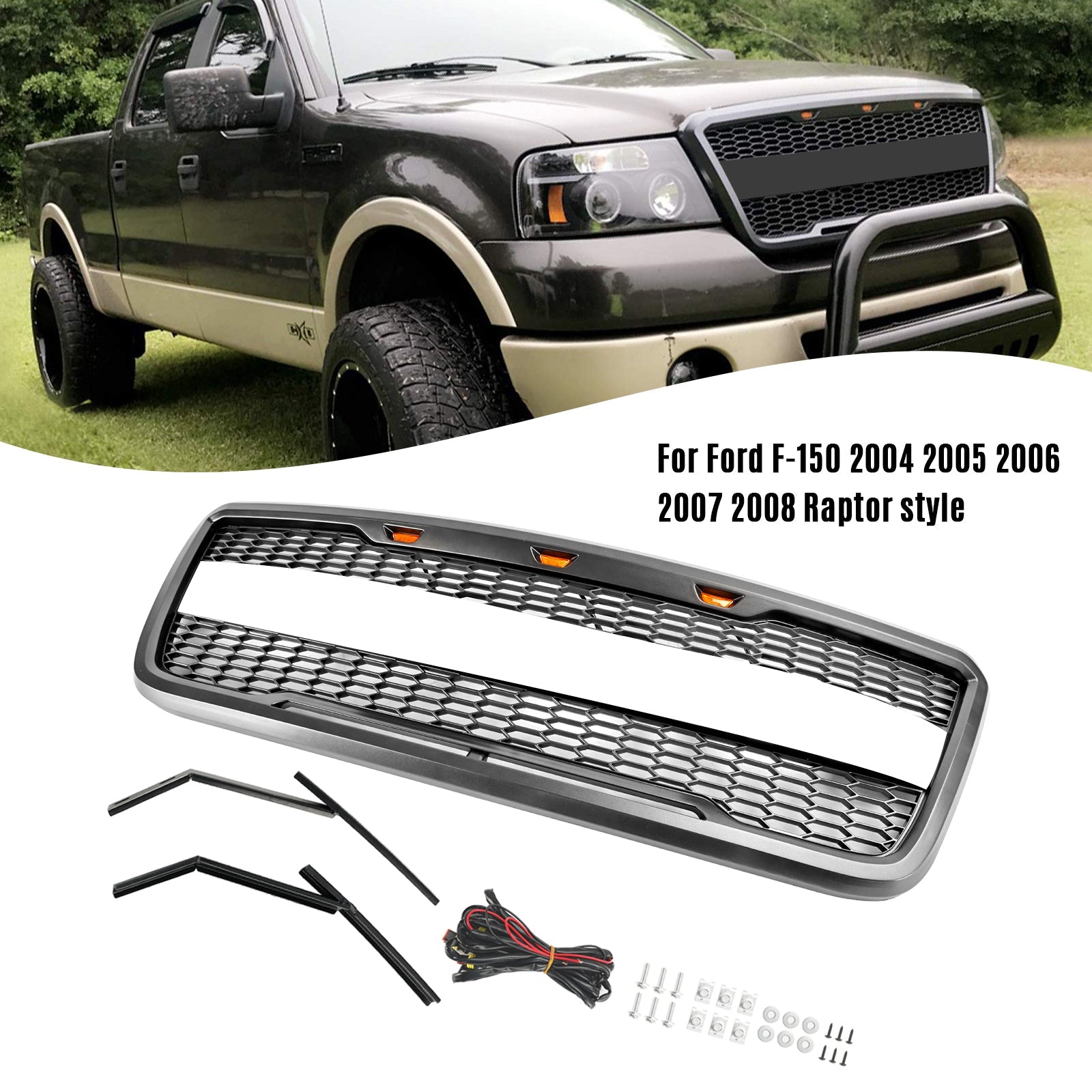 2004 2005 2006 2007 2008 Ford F150 Raptor Style Front Mesh Hood Grille Grill With LED