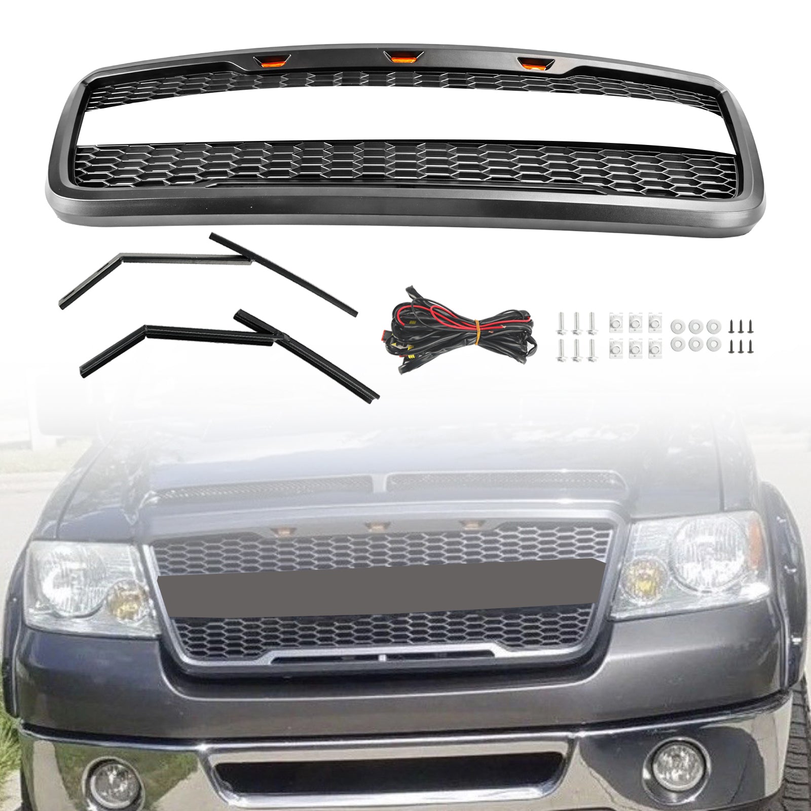 2004 2005 2006 2007 2008 Ford F150 Raptor Style Front Mesh Hood Grille Grill With LED