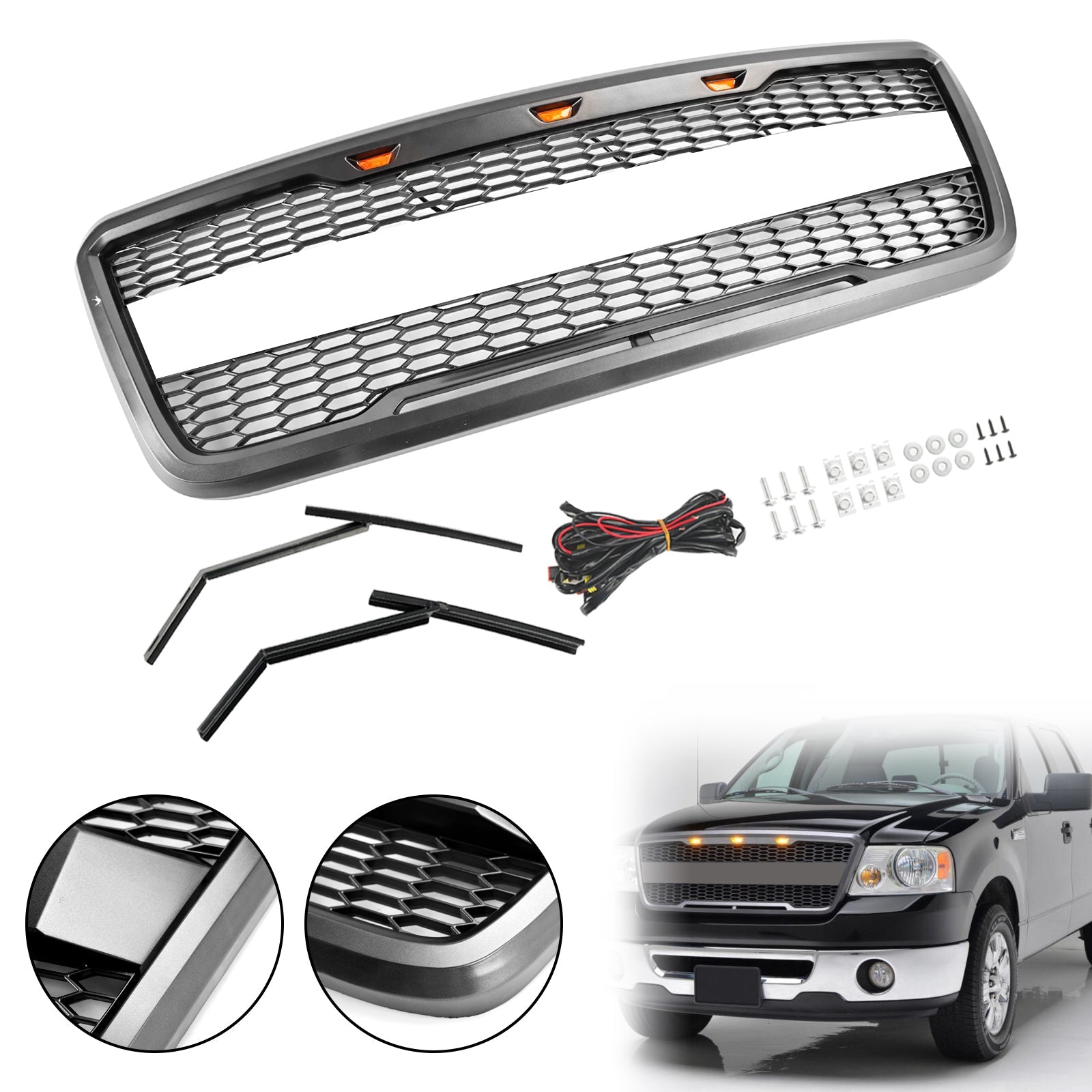 2004-2008 Ford F150 Raptor Style Front Mesh Hood Grille Grill With LED