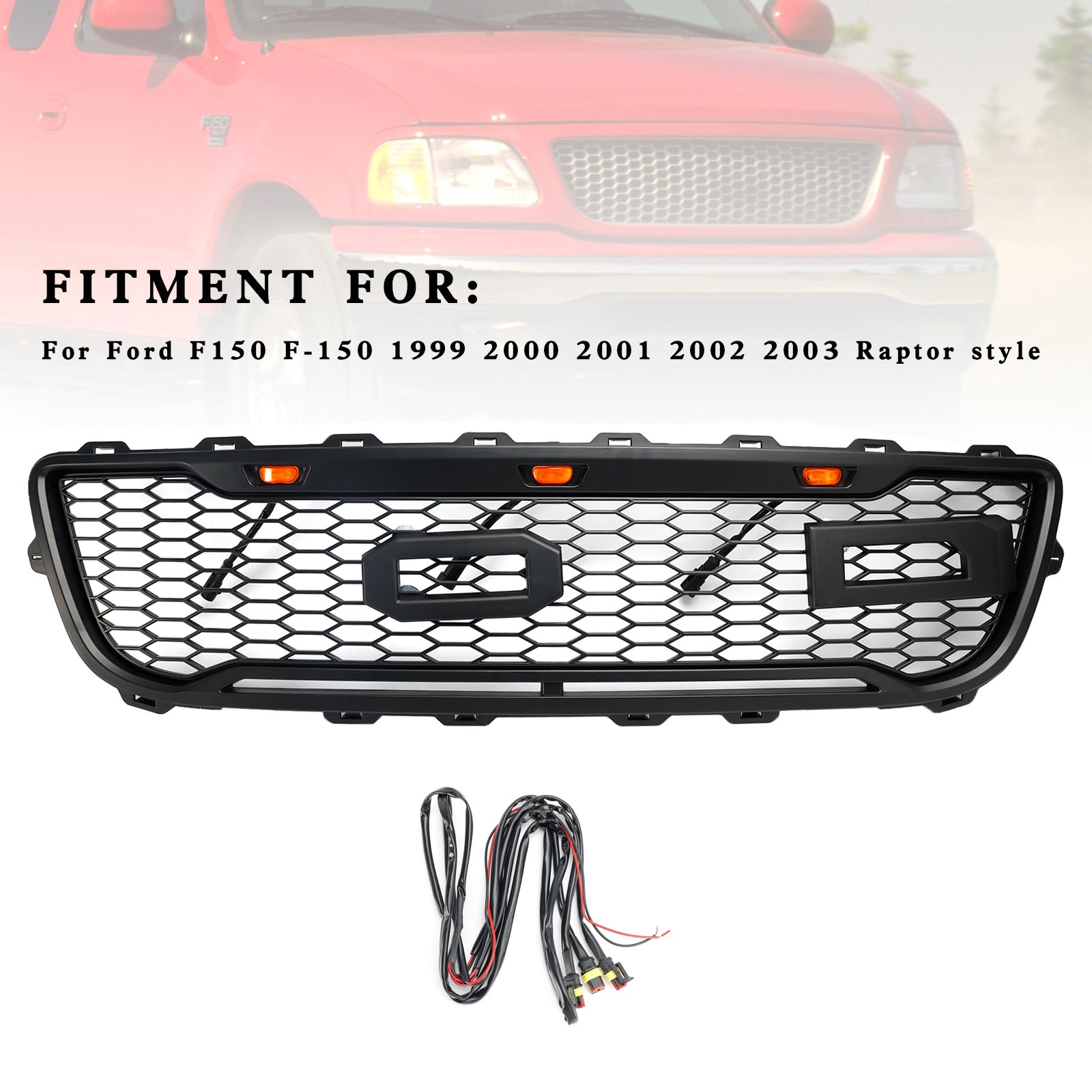 1999-2003 Ford F150 W/ Led Raptor style Matte Black Front Honeycomb Bumper Grille Grill