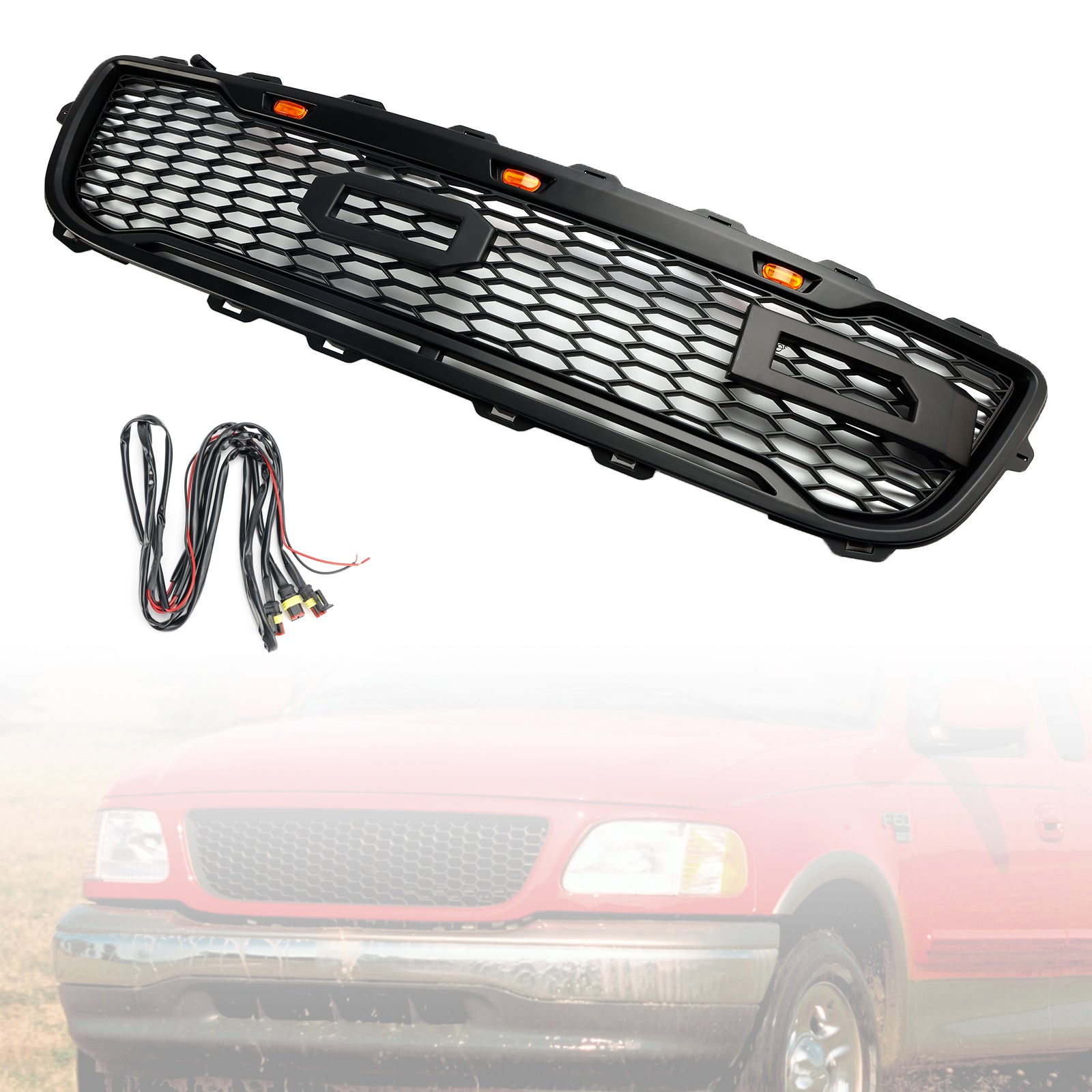 1999-2003 Ford F150 W/ Led Raptor style Matte Black Front Honeycomb Bumper Grille Grill