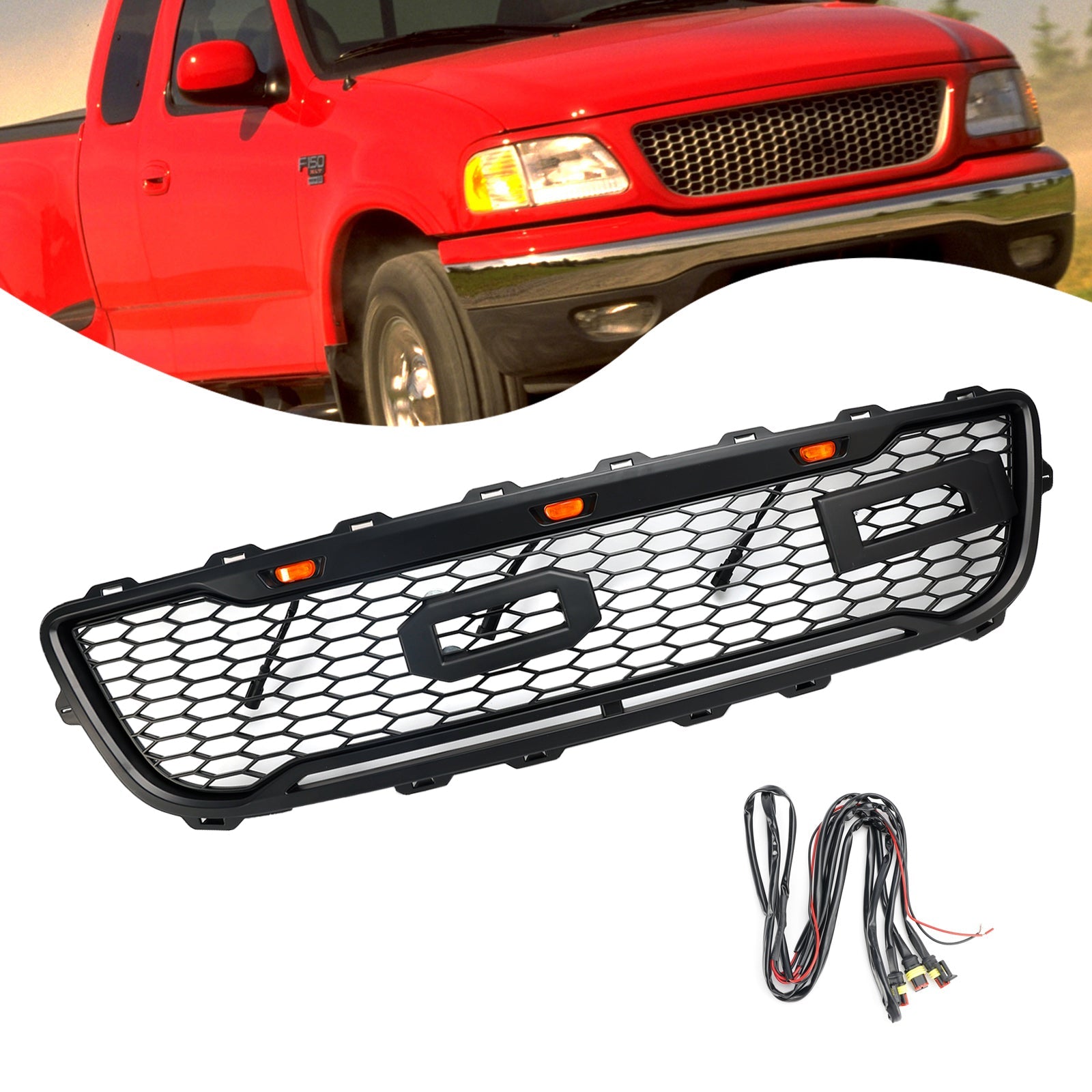 1999-2003 Ford F150 W/ Led Raptor style Matte Black Front Honeycomb Bumper Grille Grill