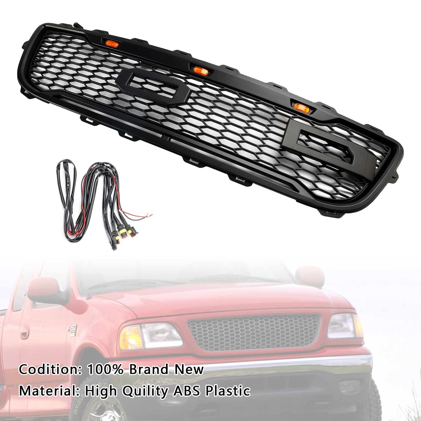 1999-2003 Ford F150 W/ Led Raptor style Matte Black Front Honeycomb Bumper Grille Grill