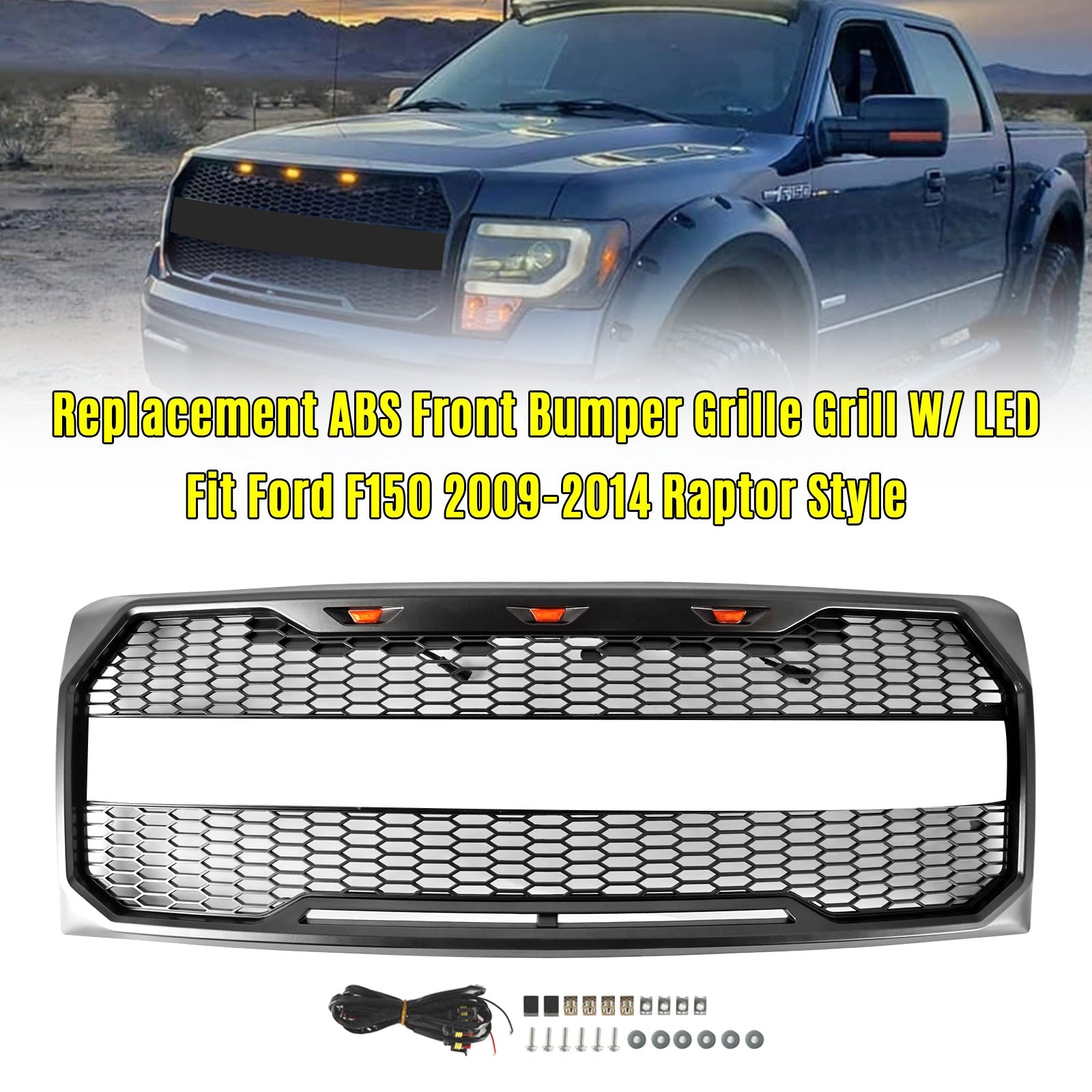 2009-2014 Ford F150 With LED Raptor Style Front Bumper Grille Grill