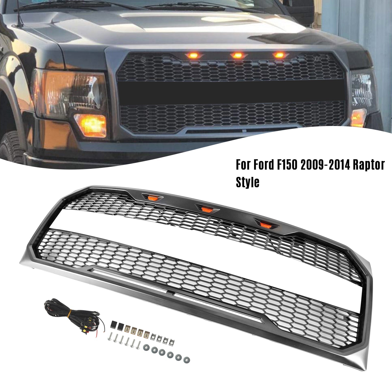 2009-2014 Ford F150 With LED Raptor Style Front Bumper Grille Grill