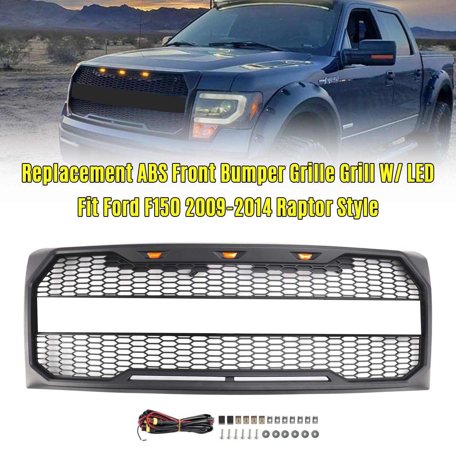 2009 2010 2011 2012 2013 2014 Ford F150 Raptor Style Front Bumper Grille Grill With LED Black