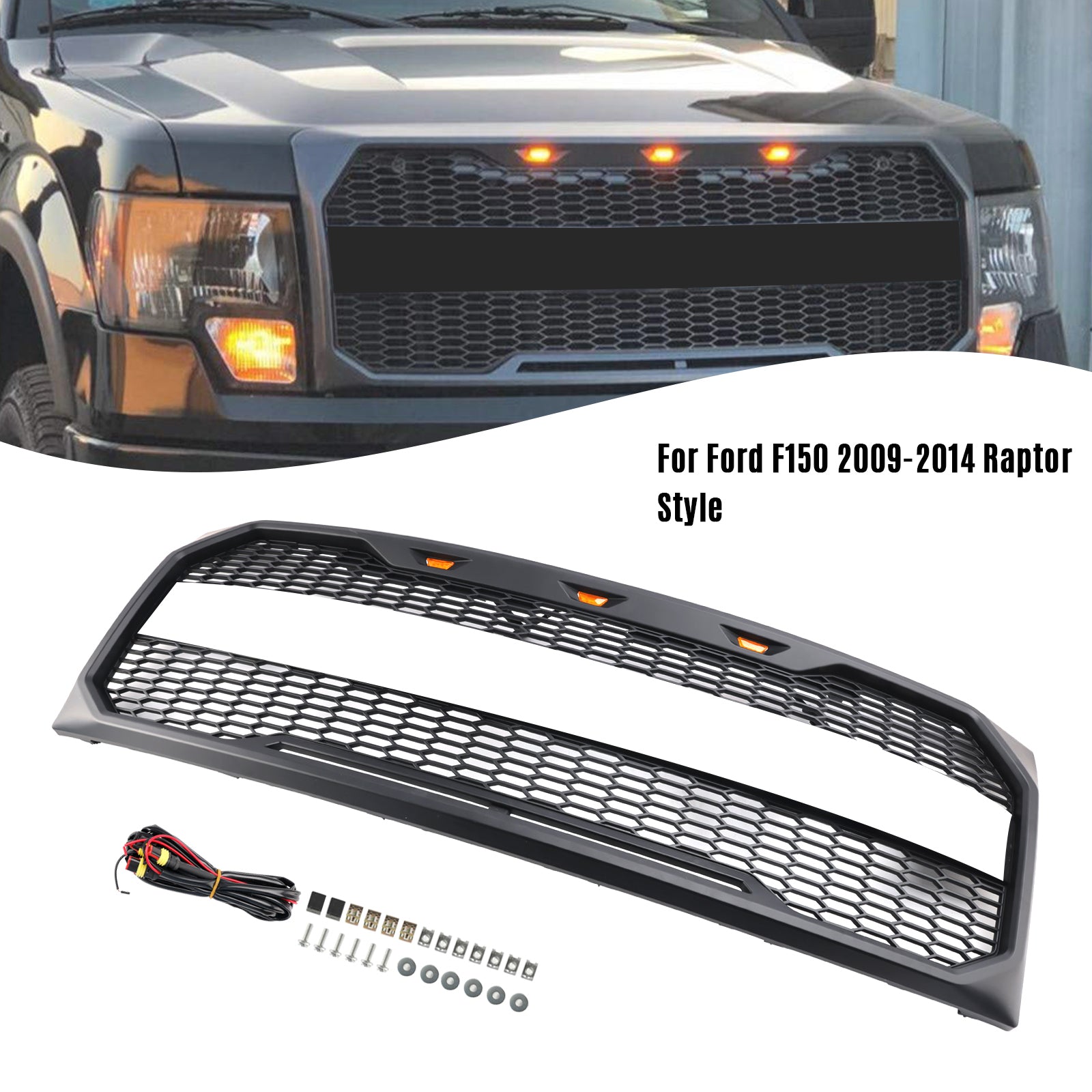 2009 2010 2011 2012 2013 2014 Ford F150 Raptor Style Front Bumper Grille Grill With LED Black