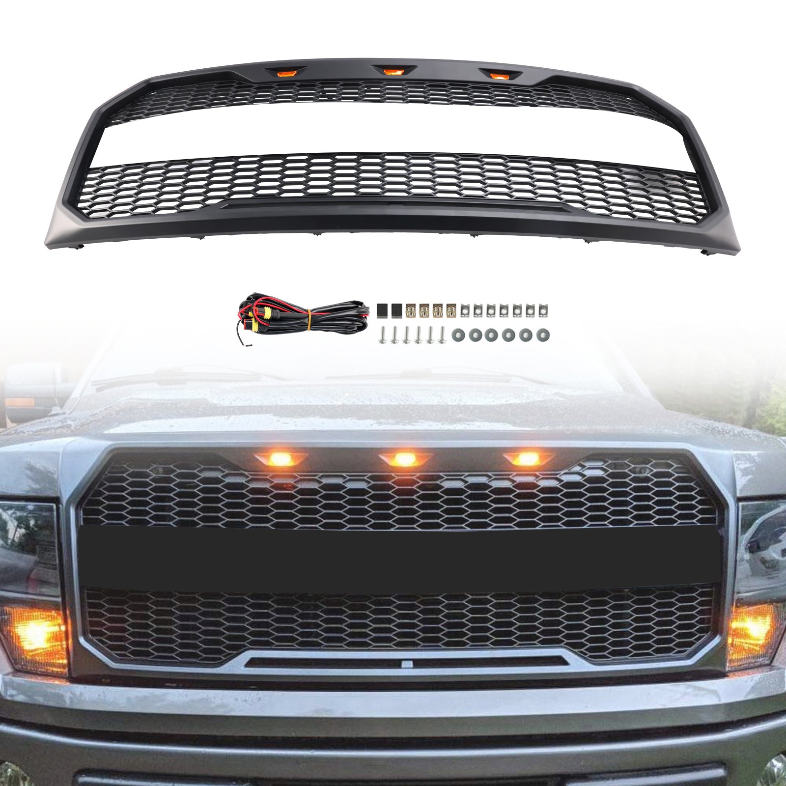2009-2014 Ford F150 Raptor Style Front Bumper Grille Grill With LED Black