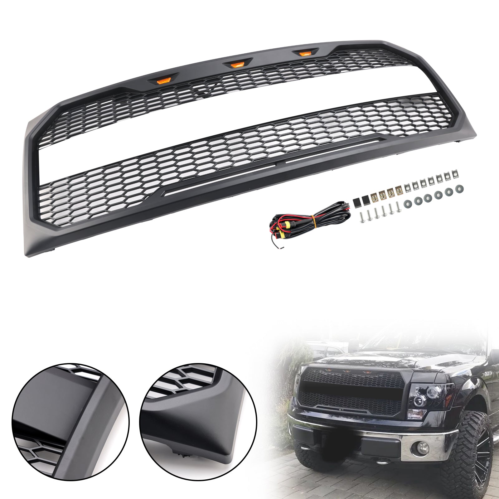 2009 2010 2011 2012 2013 2014 Ford F150 Raptor Style Front Bumper Grille Grill With LED Black