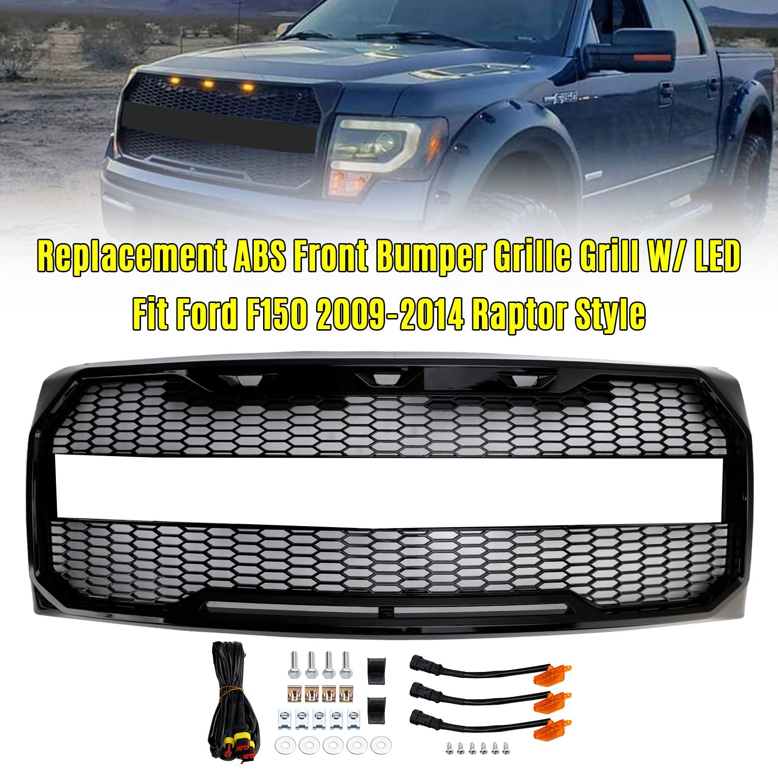 2009-2014 Ford F150 Gloss Black Raptor Style Front Bumper Grille Grill