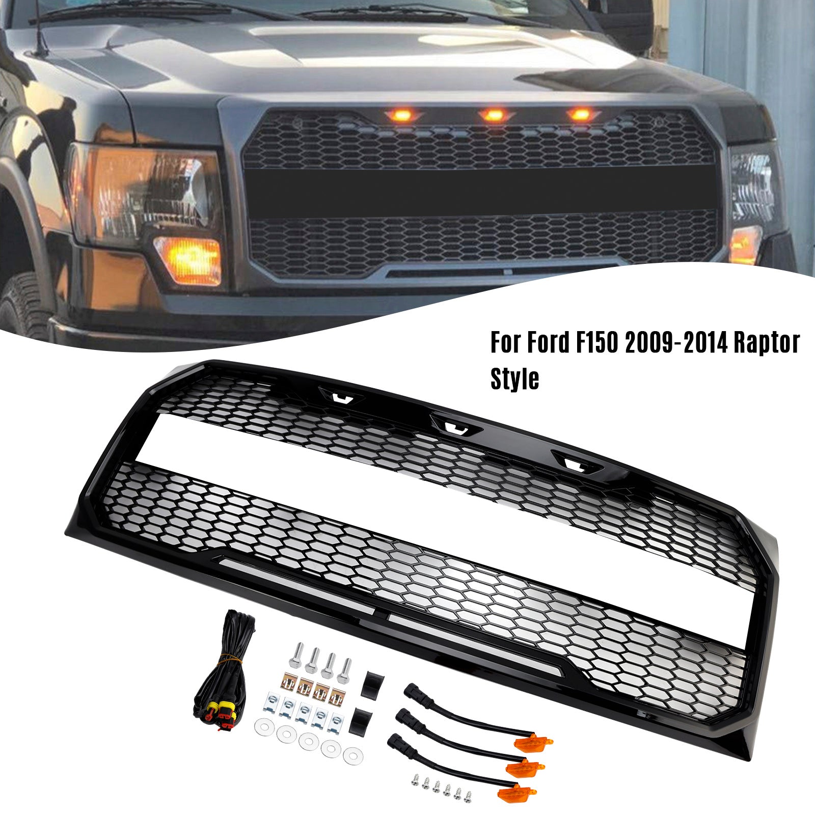 2009-2014 Ford F150 Gloss Black Raptor Style Front Bumper Grille Grill