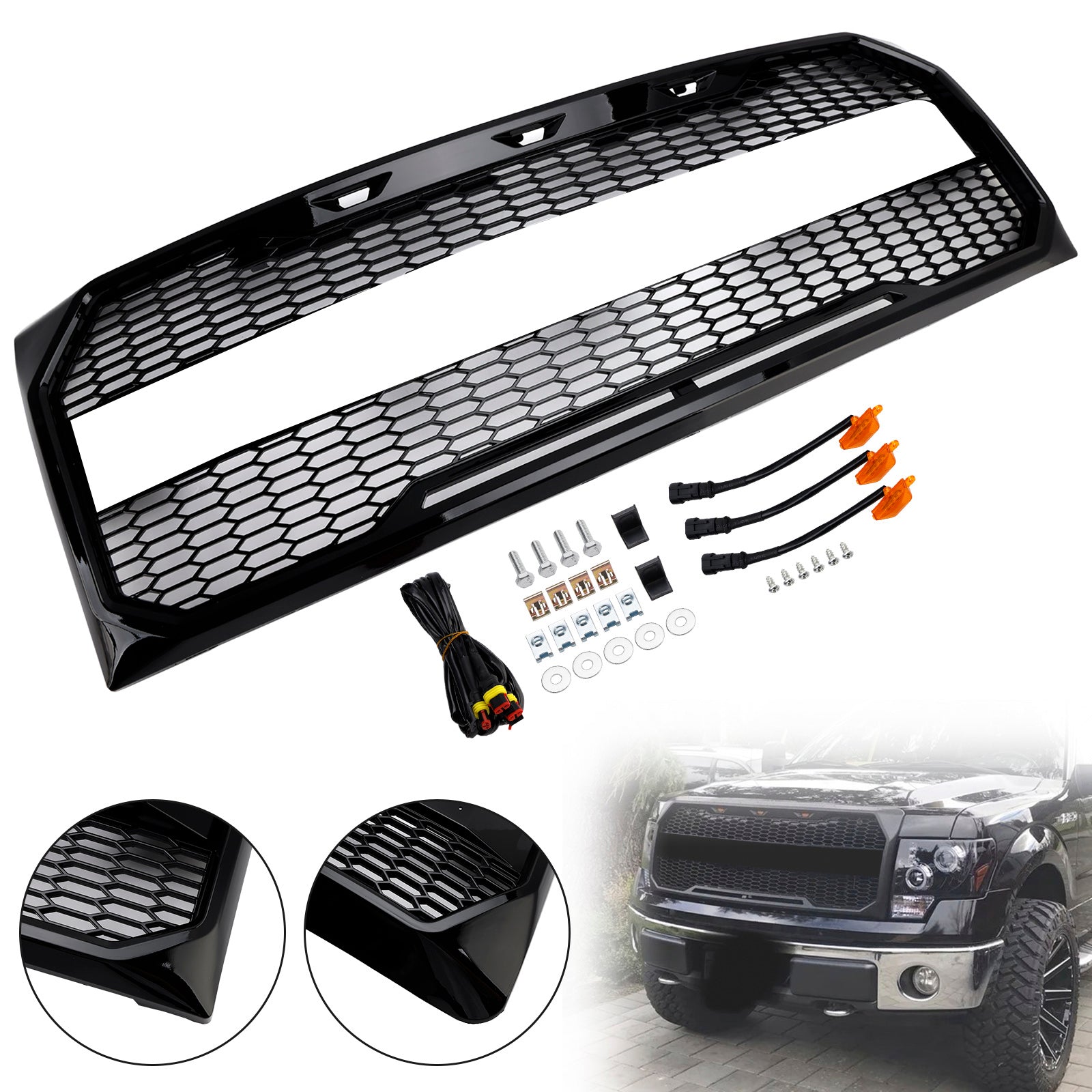 2009-2014 Ford F150 Gloss Black Raptor Style Front Bumper Grille Grill