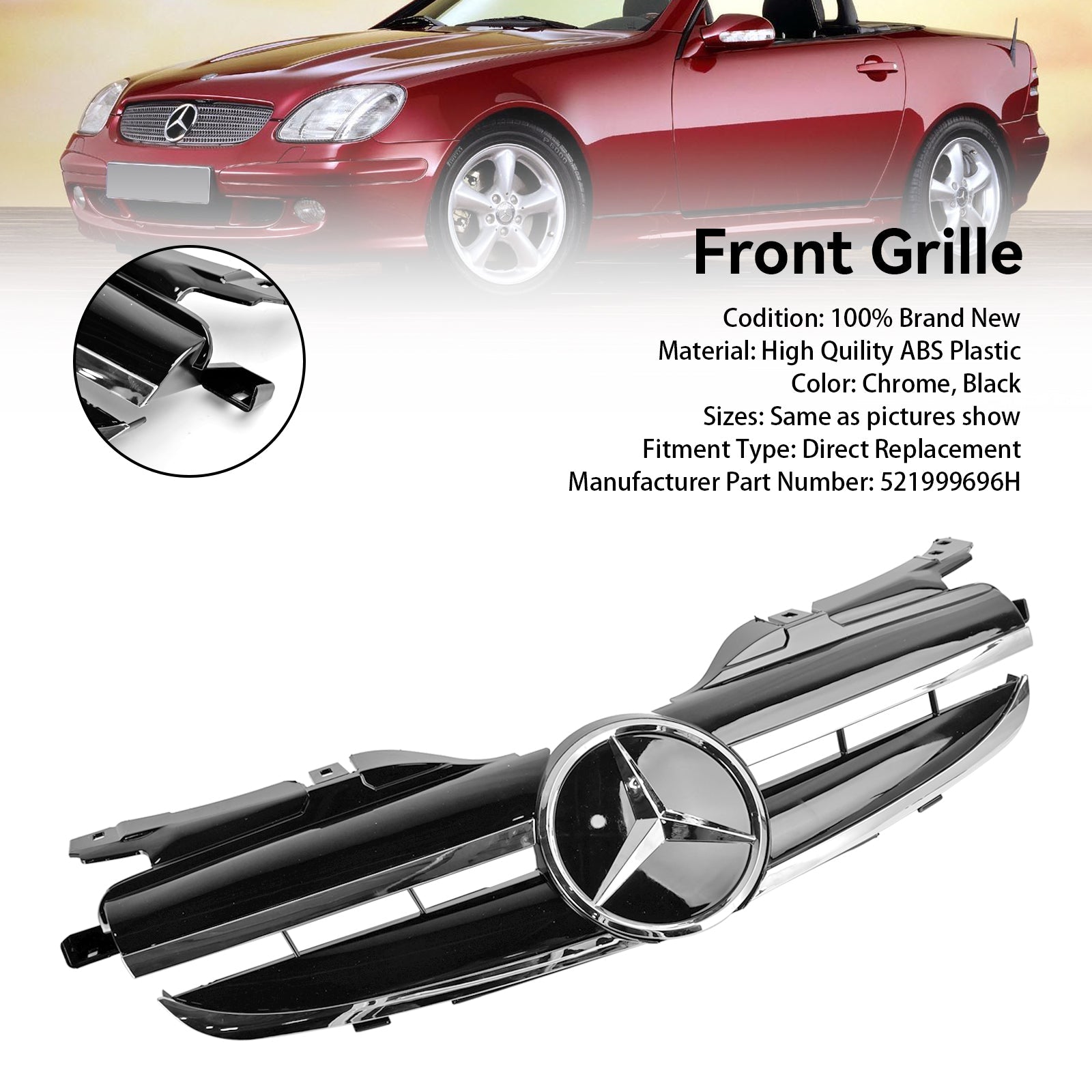 1998 1999 2000 2001 2002 2003 2004 Mercedes Benz SLK-Class R170 SLK320 SLK230 SLK200 Front Bumper Grille Grill