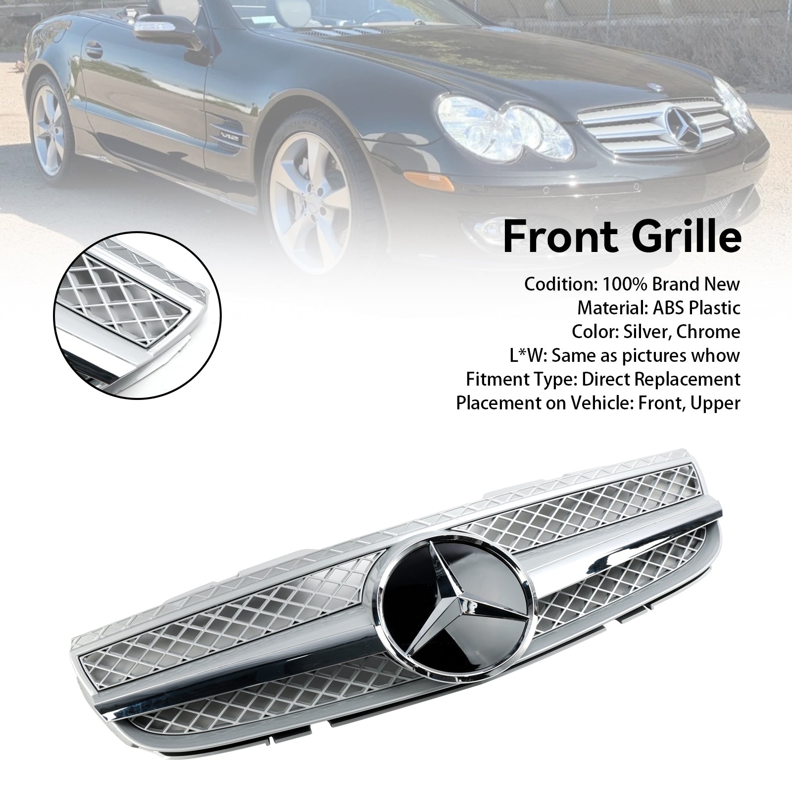 R230 SL550 SL600 2007-2008 Mercedes Benz 1 Fin Star Front Bumper Upper Grill