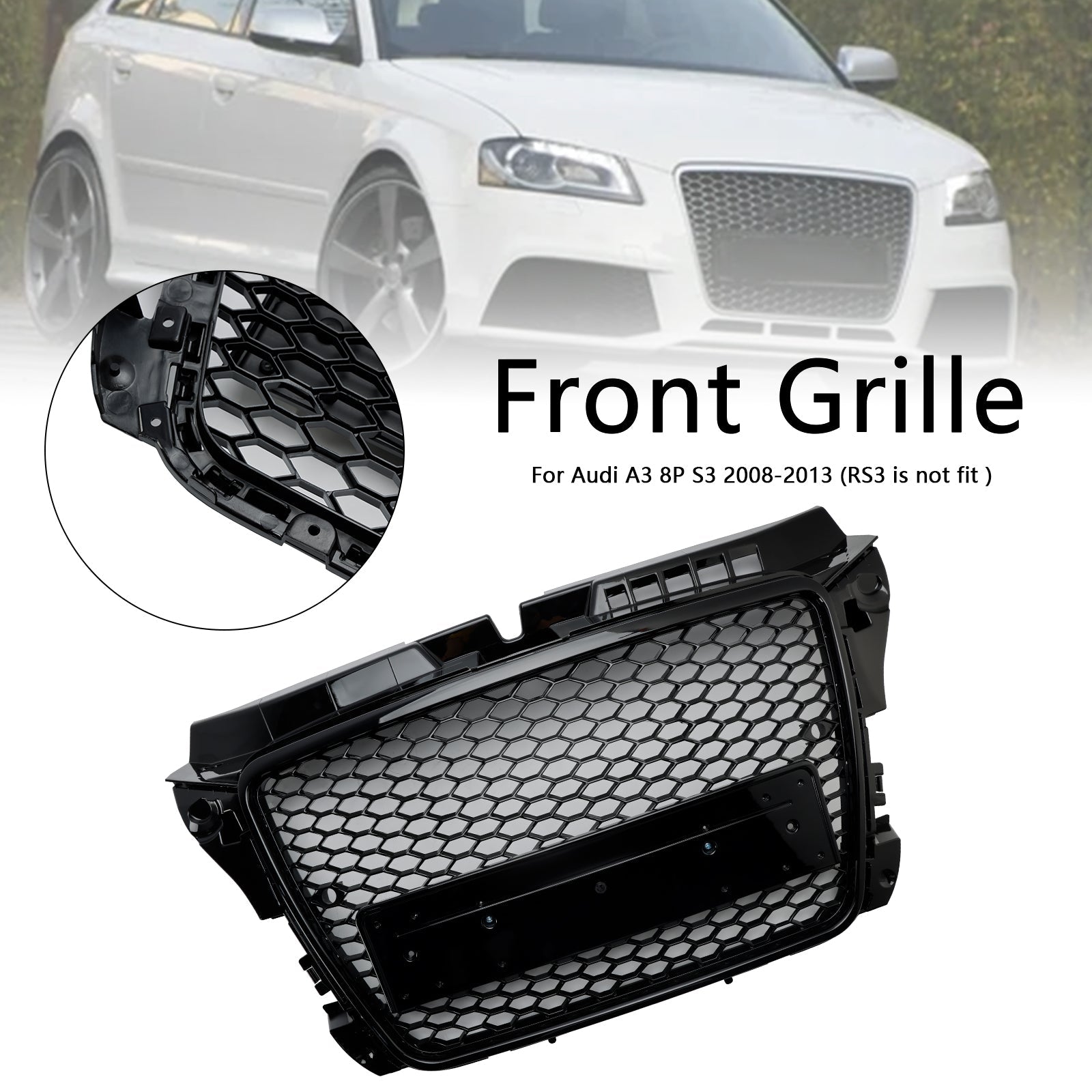 RS3 Style 2008 2009 2010 2011 2012 2013 Audi A3 8P Honeycomb Front Bumper Grille Grill