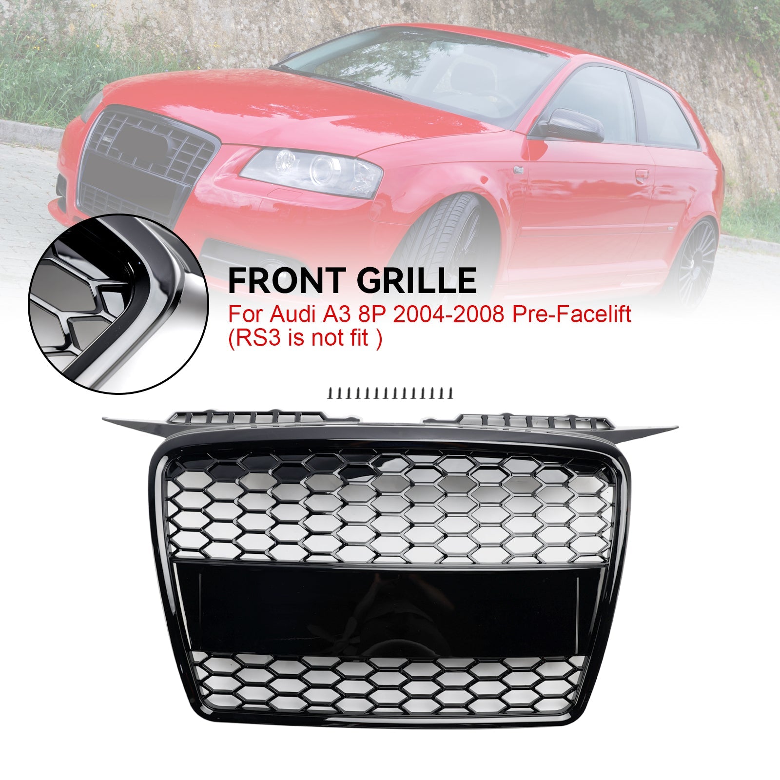 2004 2005 2006 2007 2008 Audi A3 8P Pre-Facelift RS3 Style Front Bumper Grill Grille 8P4853651A
