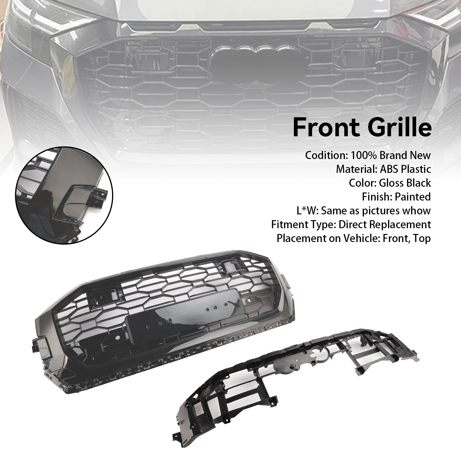 2019-2023 Audi Q8/SQ8 RSQ8 Style Gloss Black Front Honeycomb Mesh Grille