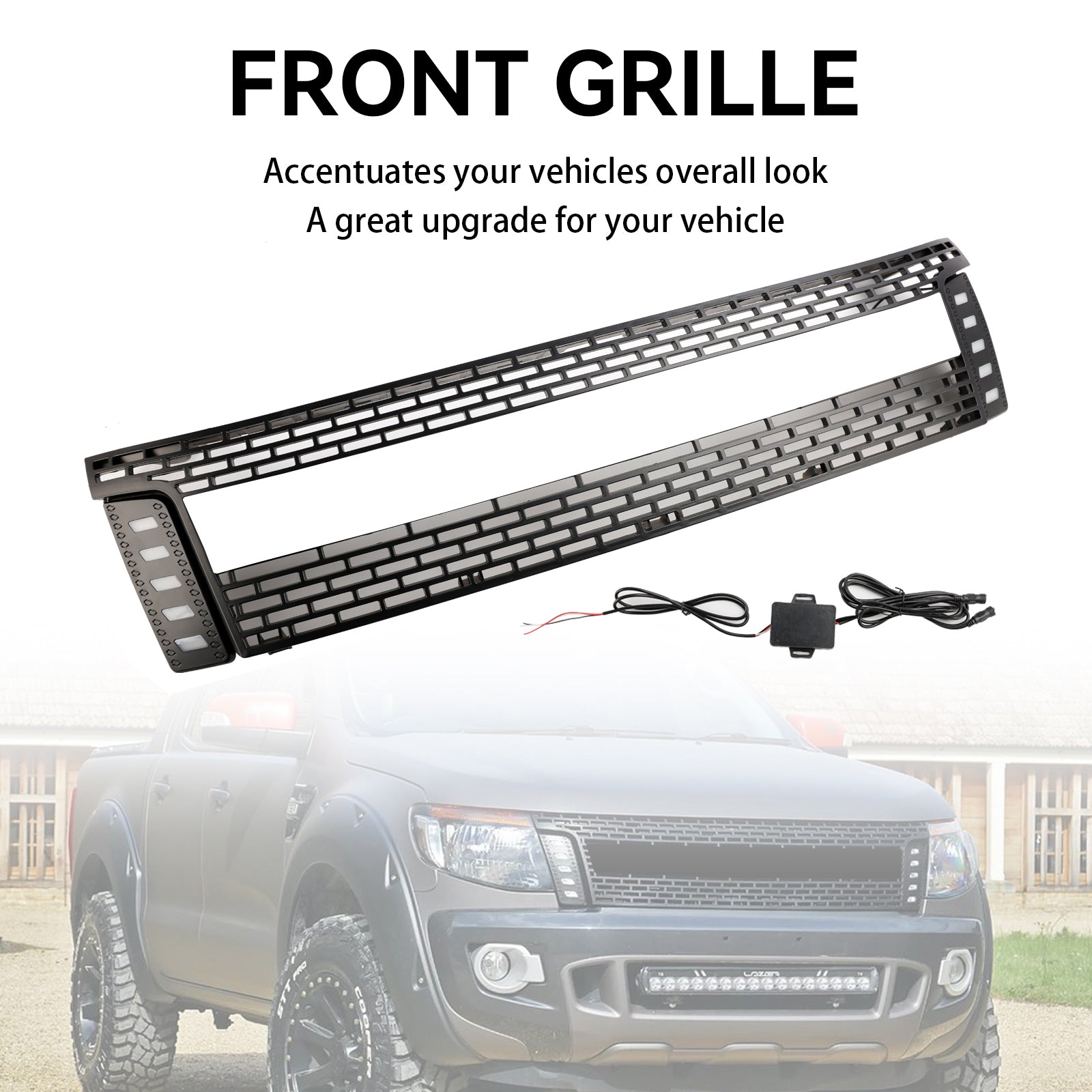 2012-2014 Ford Ranger T6 w/ LED Light Matt Black Front Bumper Grill Grille