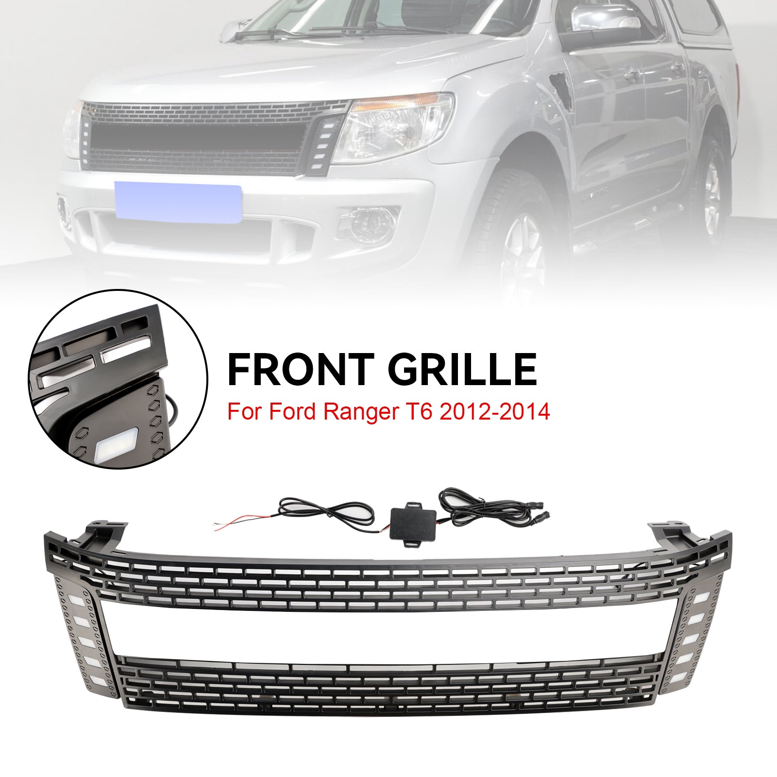 2012-2014 Ford Ranger T6 w/ LED Light Matt Black Front Bumper Grill Grille
