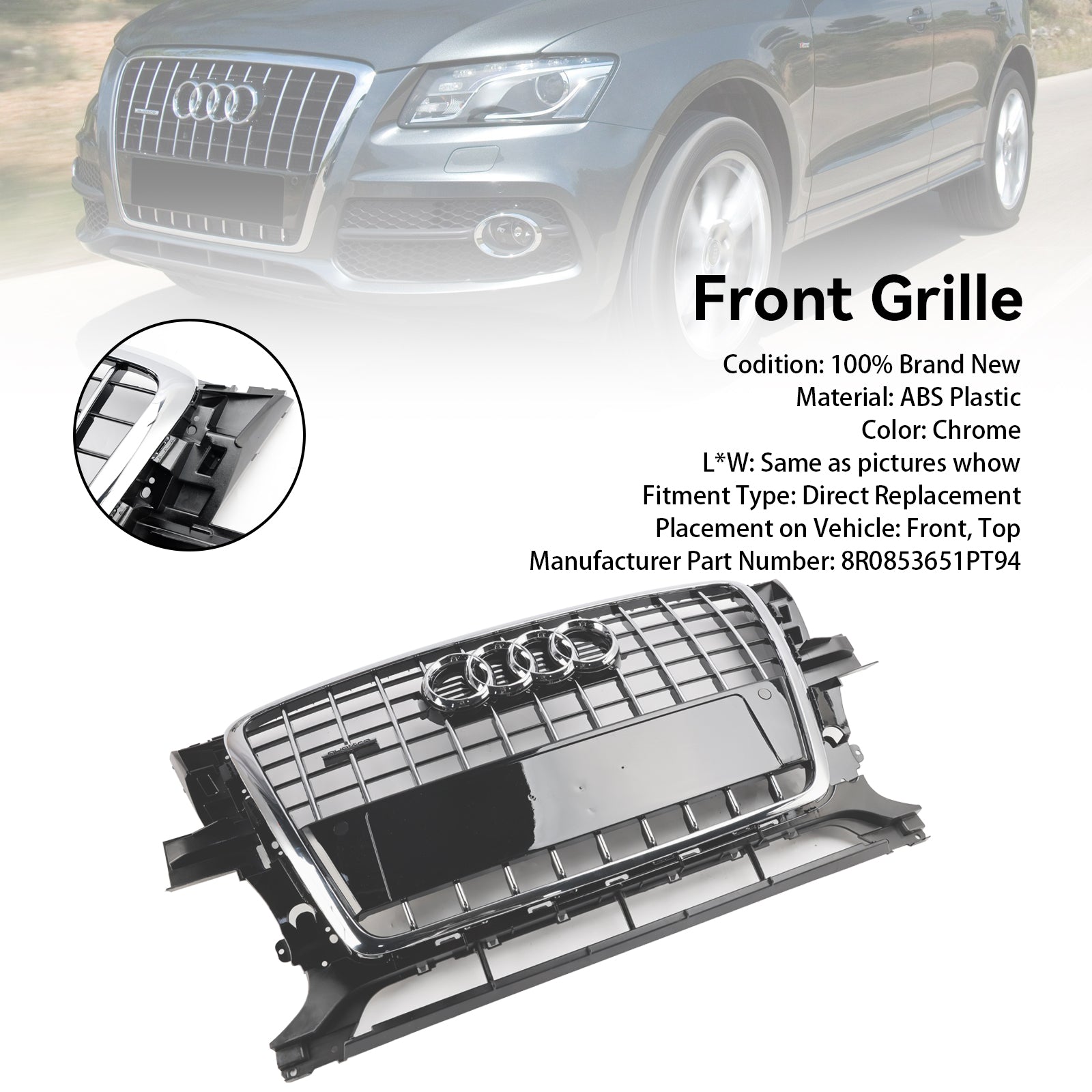 Audi Q5 SQ5 2009-2012 Front Bumper Grill Grille 8R0853651PT94 Chrome