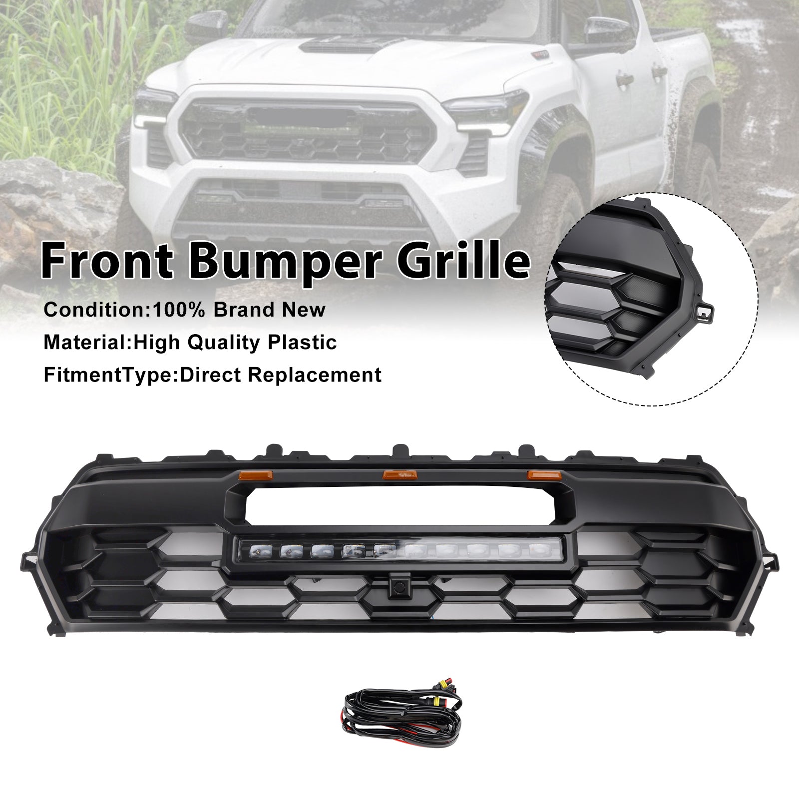 2024+ Toyota Tacoma With Led & Light Bar Black Front Bumper Grill Grille