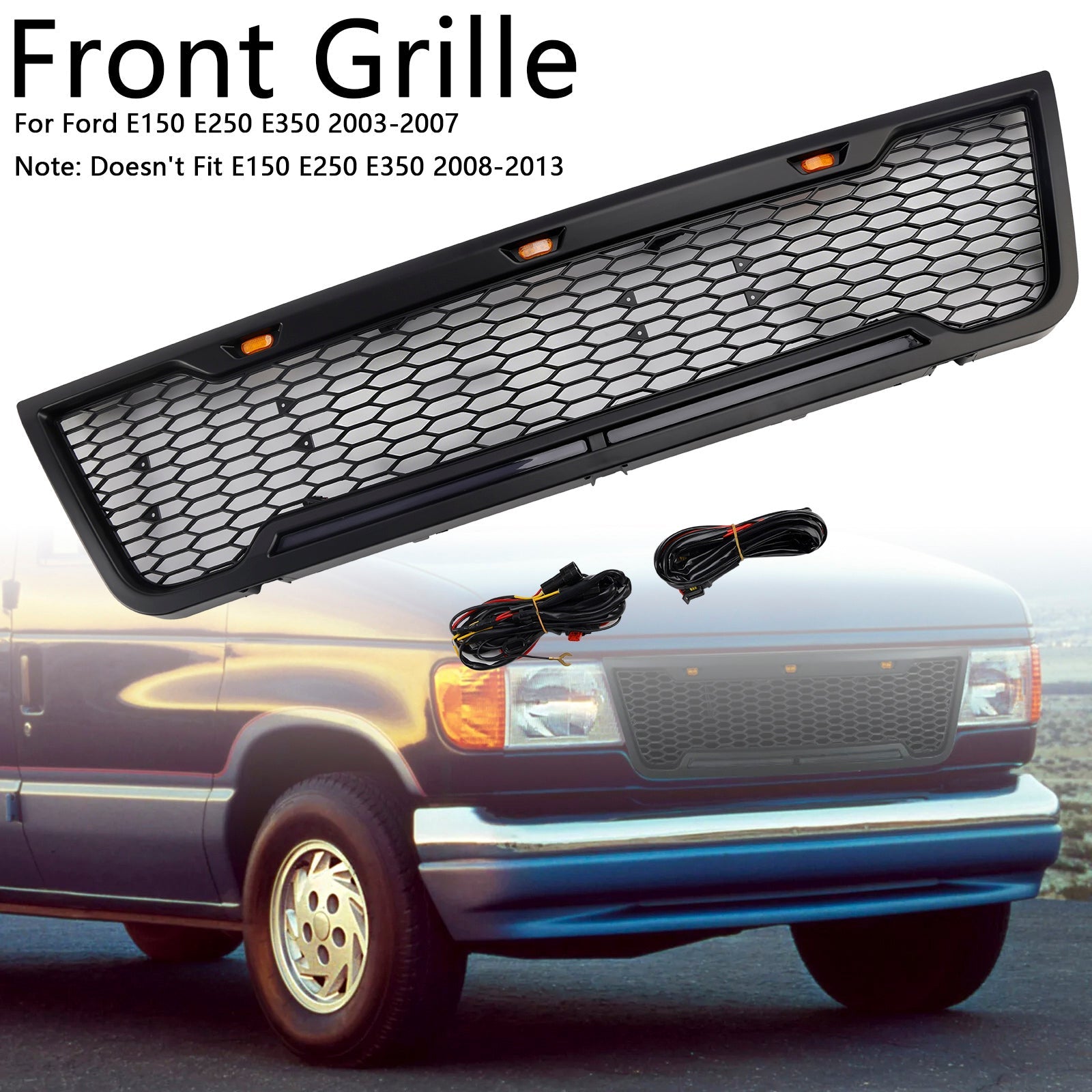 2003-2007 Ford E150 E250 E350 With Led Black Front Bumper Grill Grille