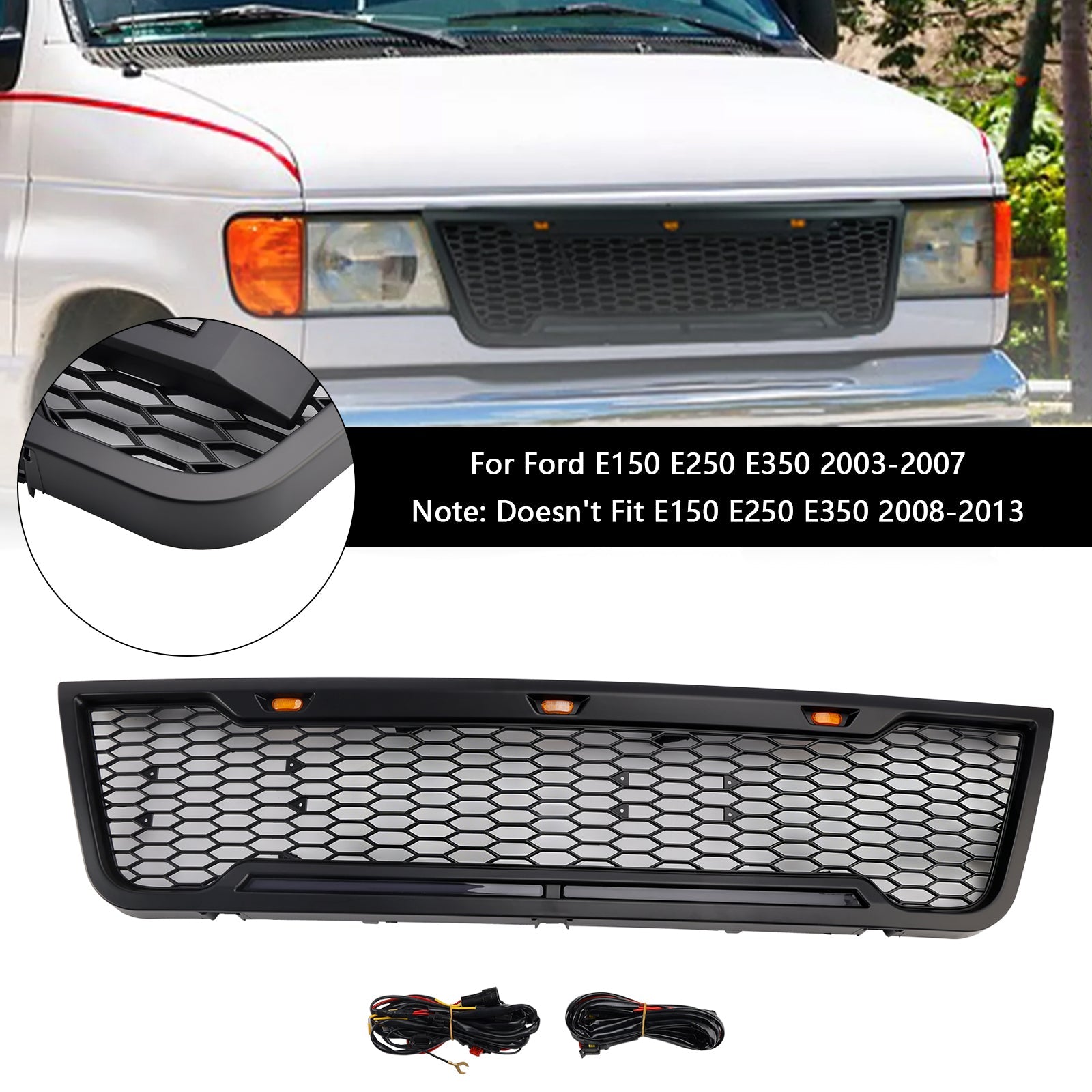 2003-2007 Ford E150 E250 E350 With Led Black Front Bumper Grill Grille