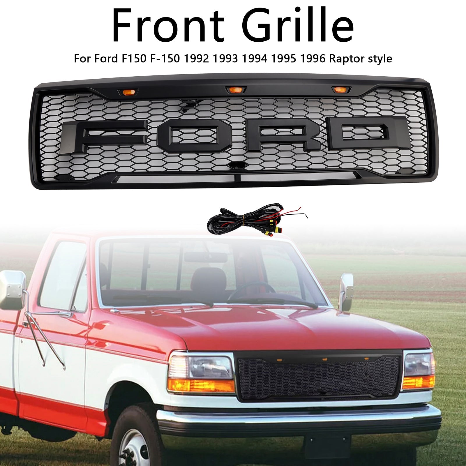 1992-1996 Ford F150 W/ Led Matte Black Front Honeycomb Bumper Grille Grill