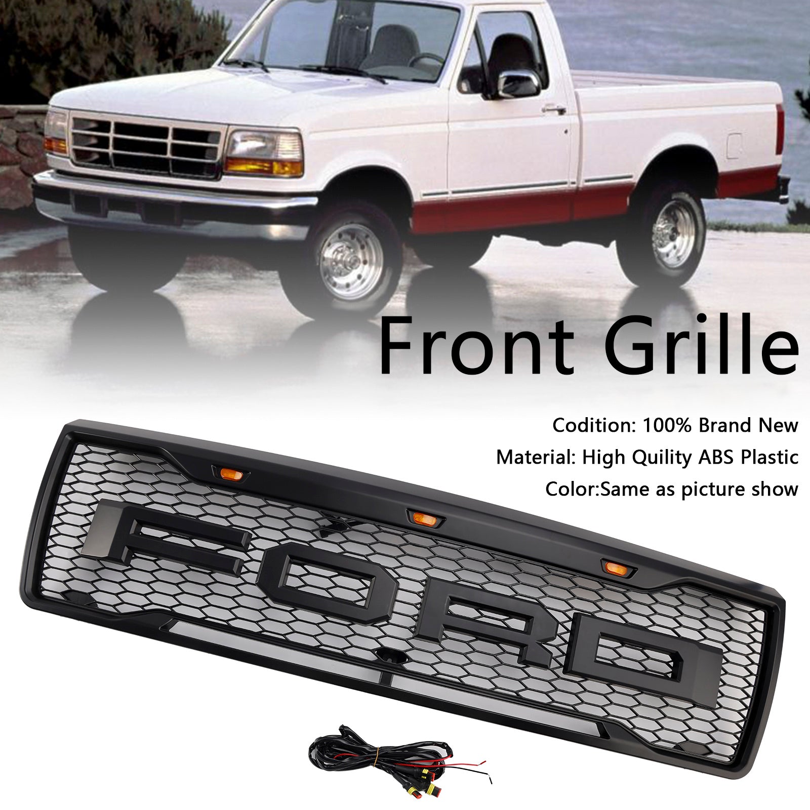 1992-1996 Ford F150 W/ Led Matte Black Front Honeycomb Bumper Grille Grill