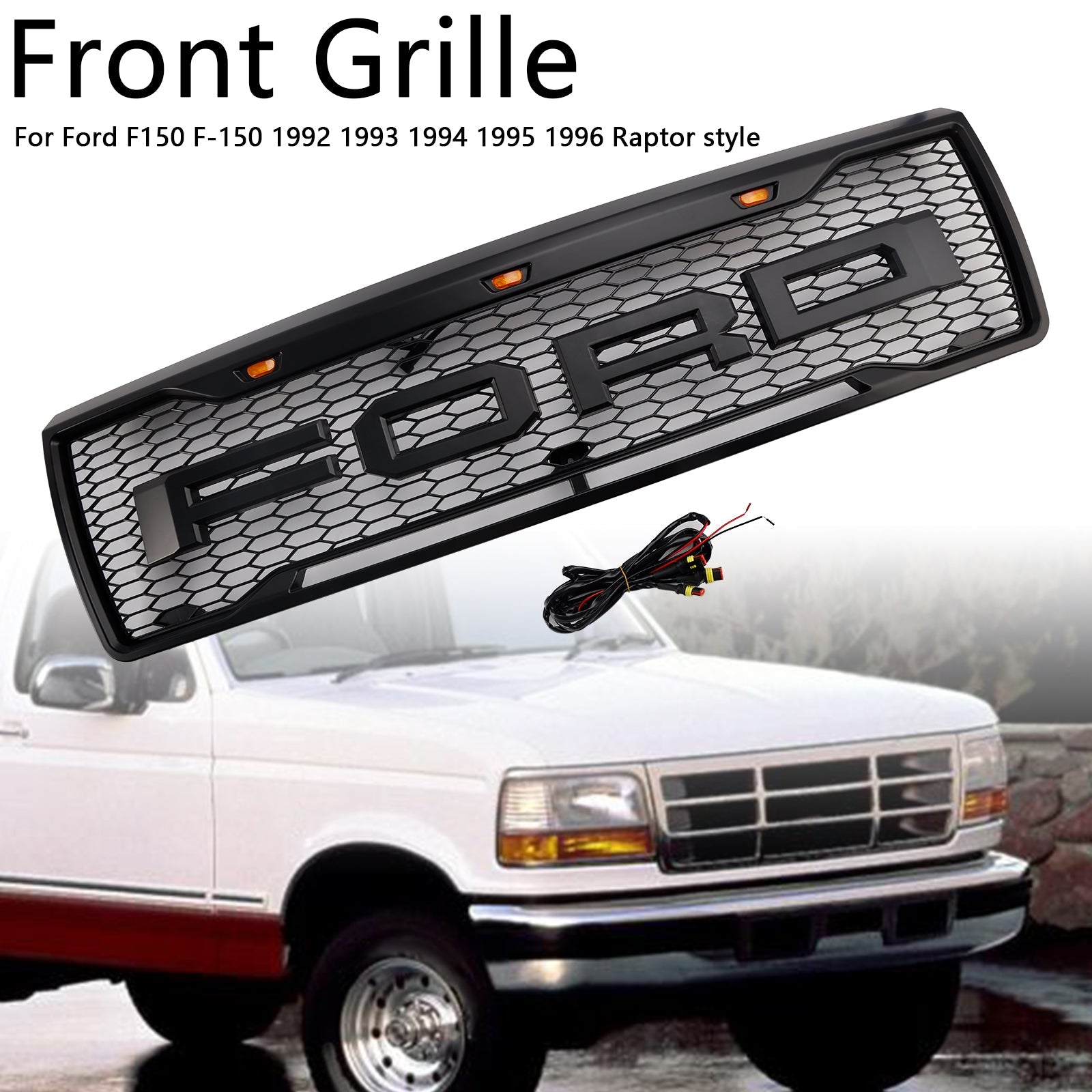 1992-1996 Ford F150 W/ Led Matte Black Front Honeycomb Bumper Grille Grill