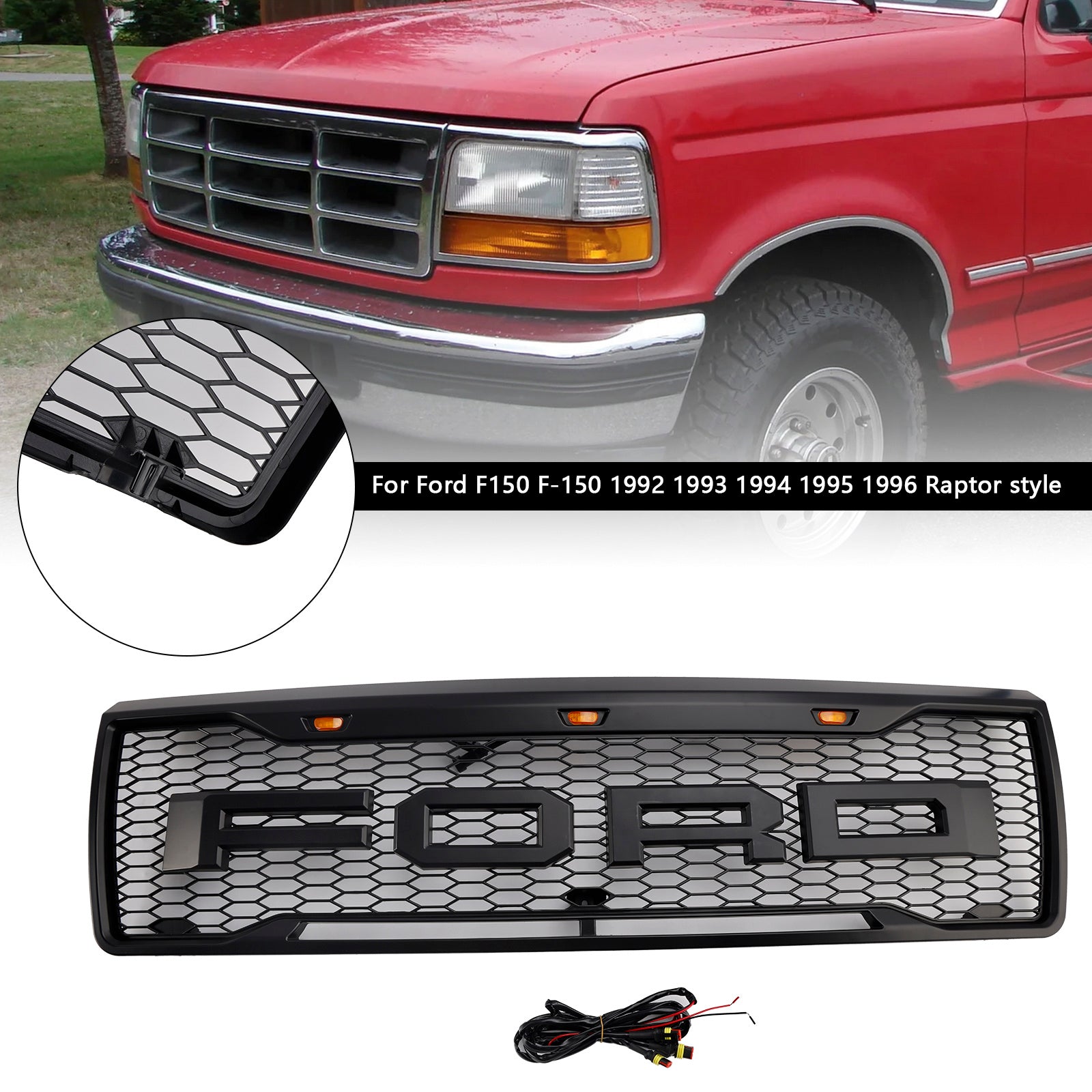 1992-1996 Ford F150 W/ Led Matte Black Front Honeycomb Bumper Grille Grill
