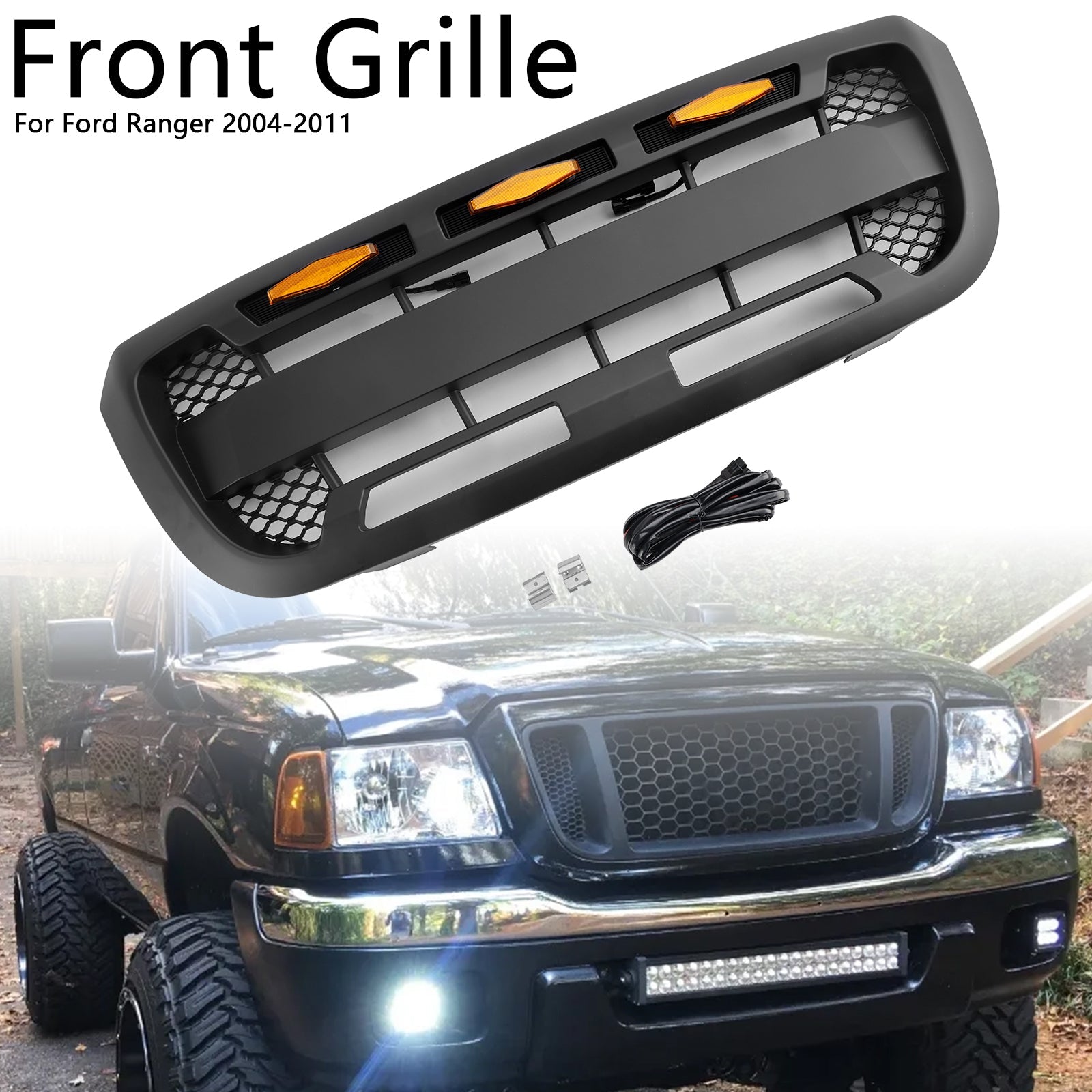 2004-2011 Ford Ranger With LED Light Matt Black Front Bumper Grill Grille