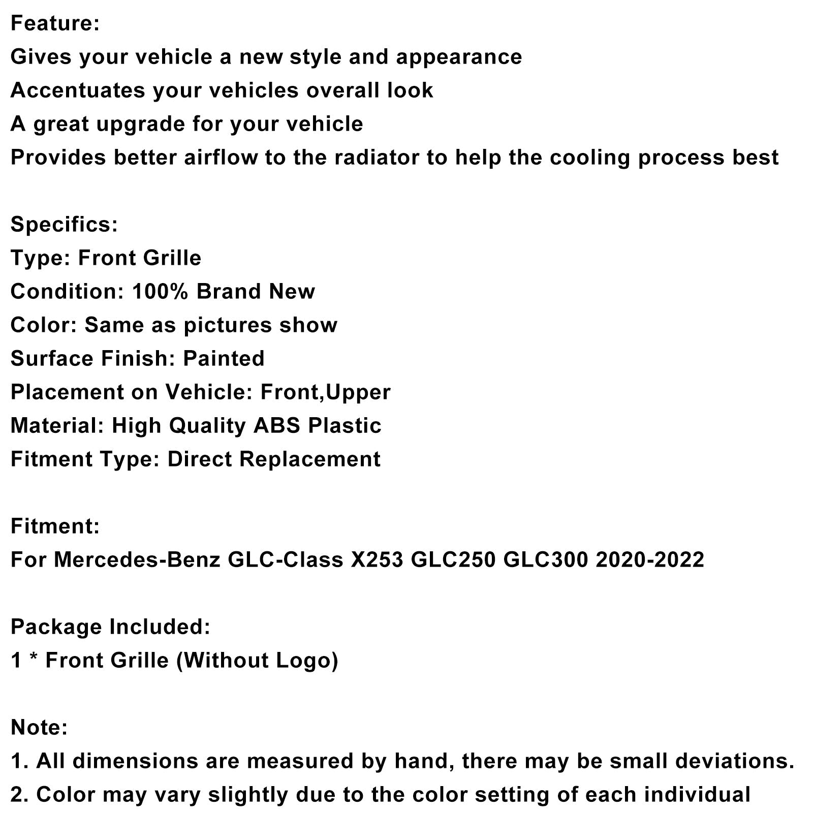 2020-2022 Fit Mercedes-Benz X253 GLC250 GLC300 GT-Style Front Bumper Grille