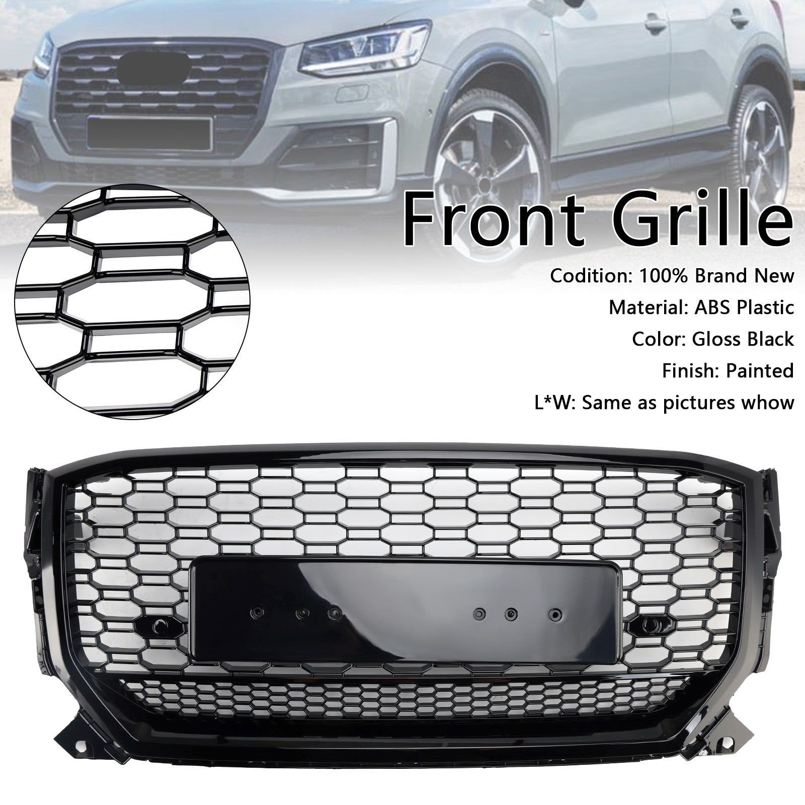 2016-2020 Audi Q2 Pre-Facelift Gloss Black Front Honeycomb Grille Grill