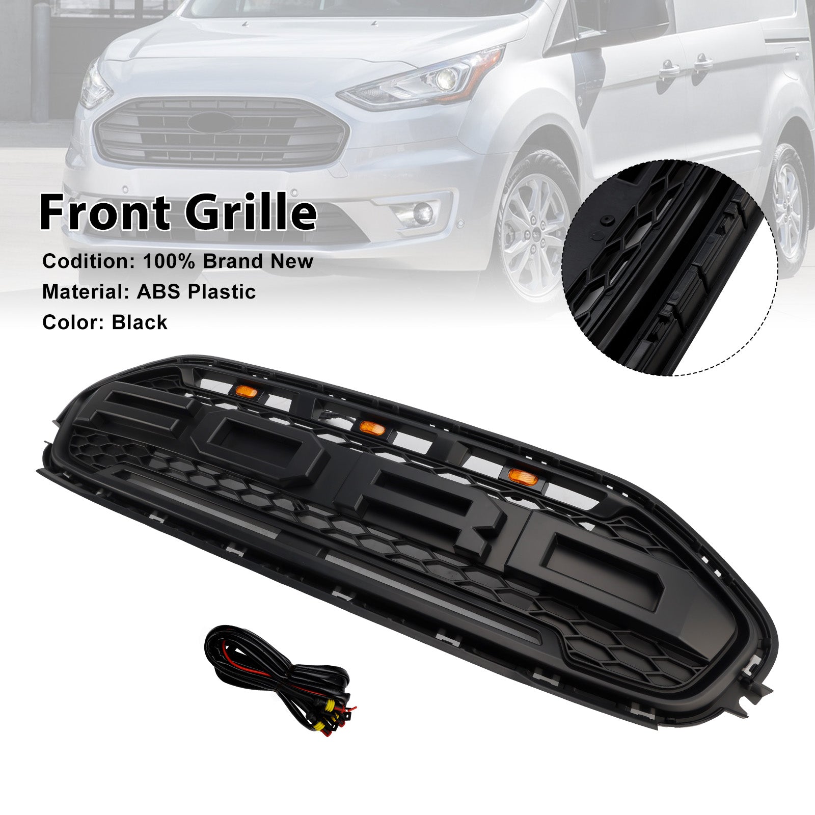 Ford Transit Connect 2019-2023 Black Front Bumper Grill Grille With LED