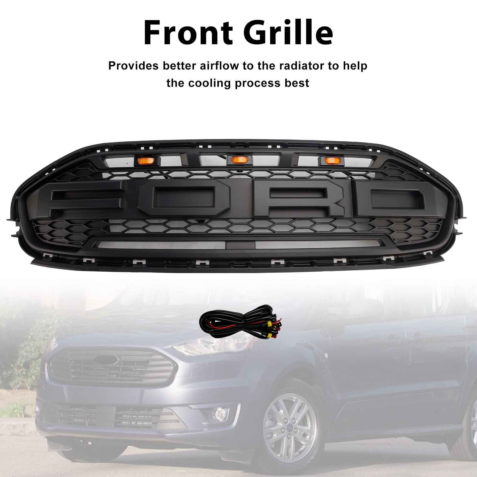 Ford Transit Connect 2019-2023 Black Front Bumper Grill Grille With LED