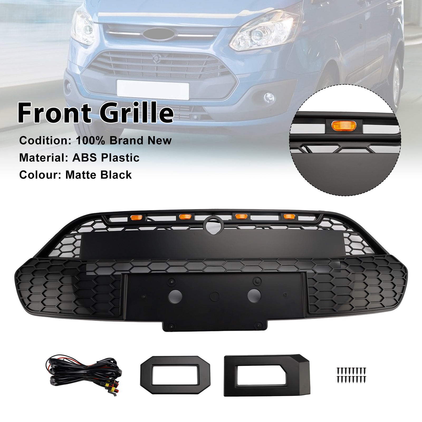 2013-2017 Ford Transit Custom W/LED Matte Black Front Bumper Grille Grill
