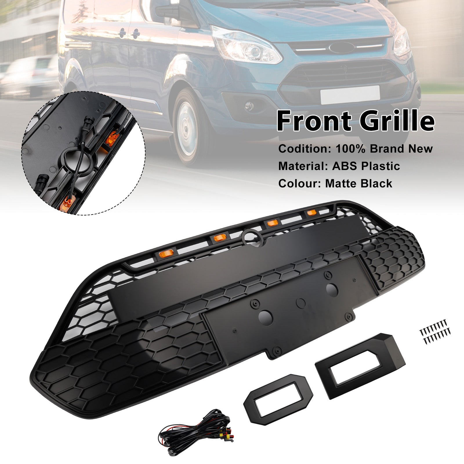 2013 2014 2015 2016 2017 Ford Transit Custom With LED Matte Black Front Bumper Grille Grill