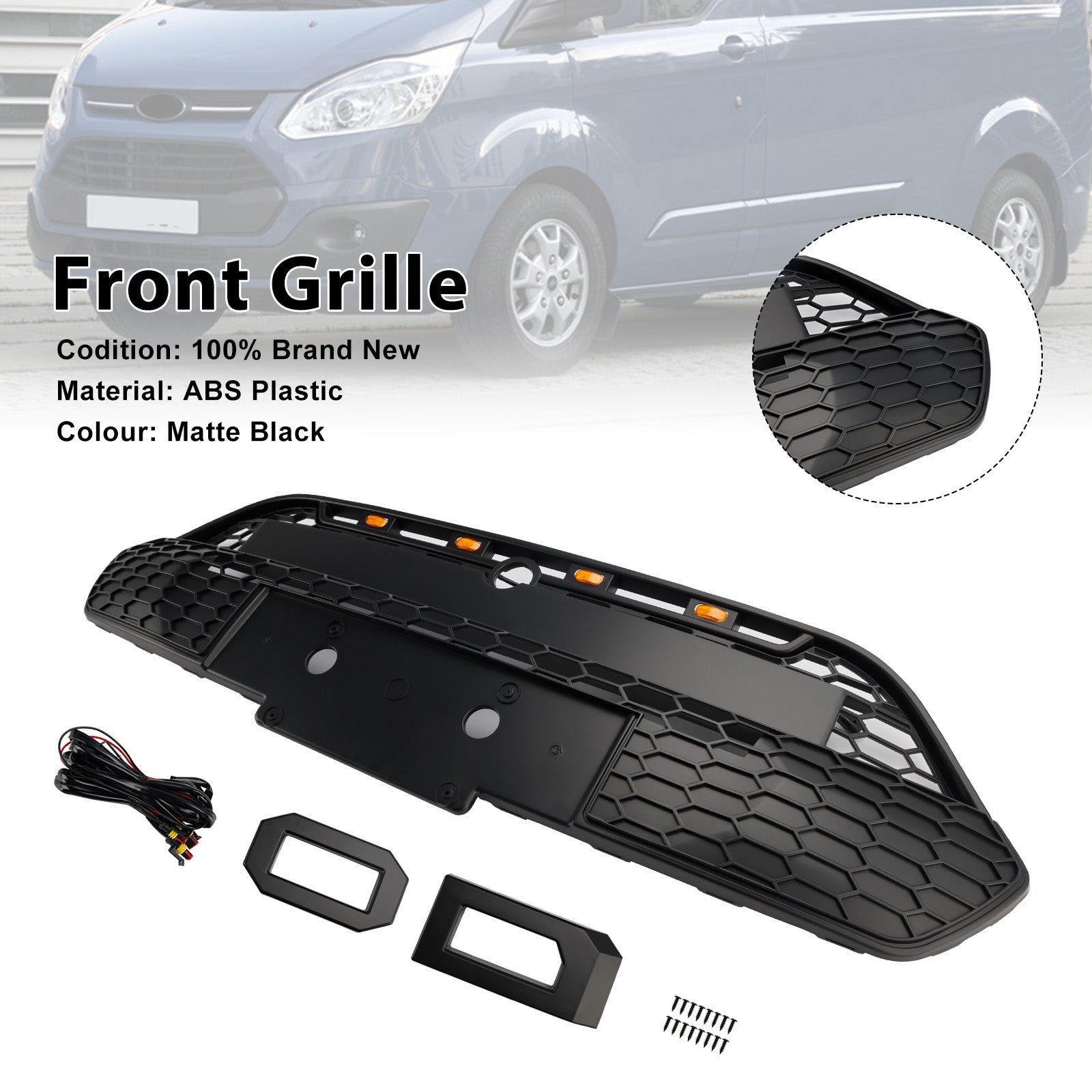 2013 2014 2015 2016 2017 Ford Transit Custom With LED Matte Black Front Bumper Grille Grill