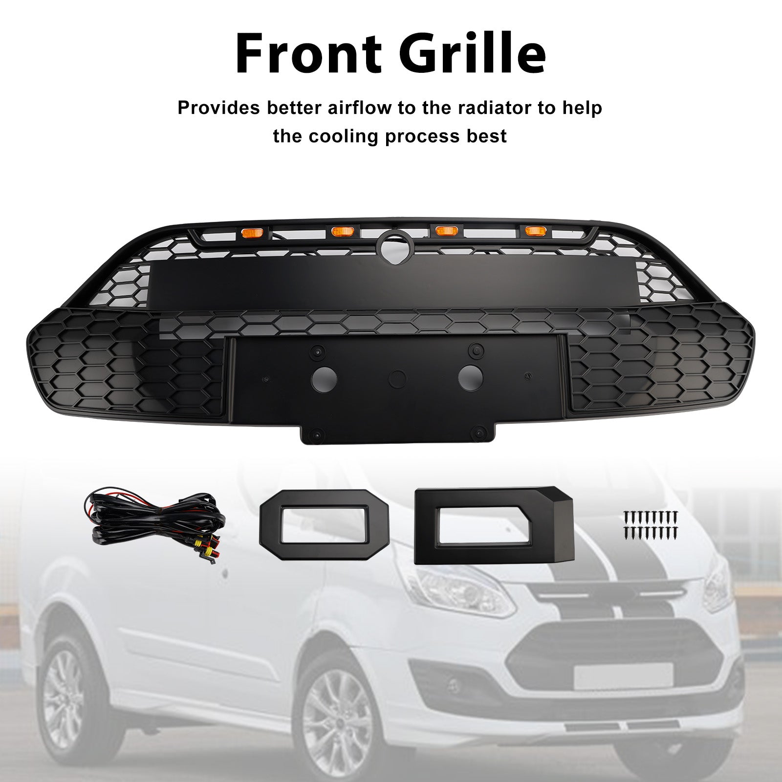2013 2014 2015 2016 2017 Ford Transit Custom With LED Matte Black Front Bumper Grille Grill