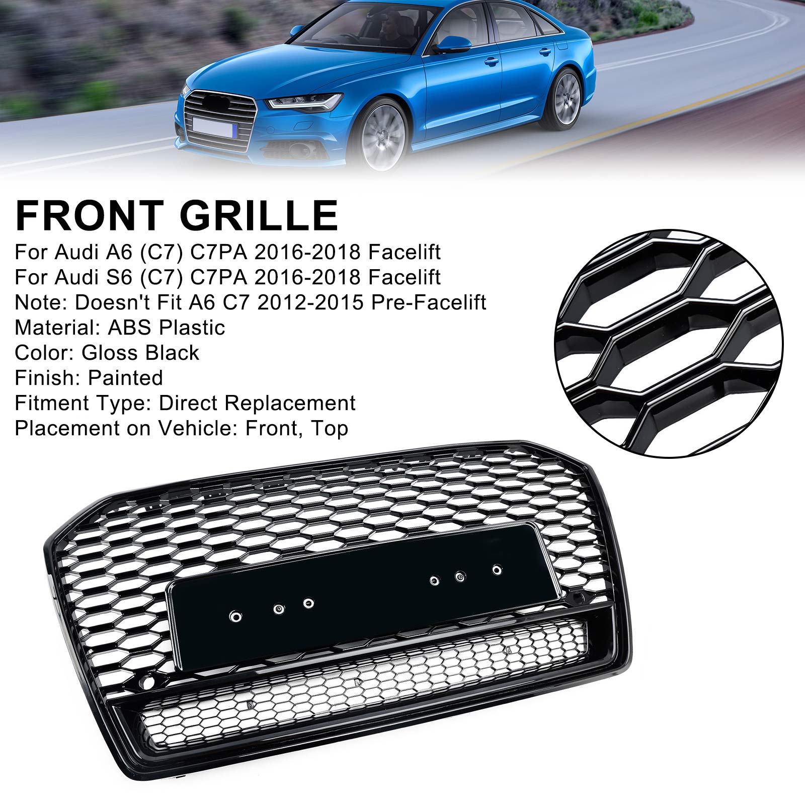 2016-2018 Audi A6 (C7) C7PA Facelift RS6 Style Honeycomb Mesh Front Grill Grille Black