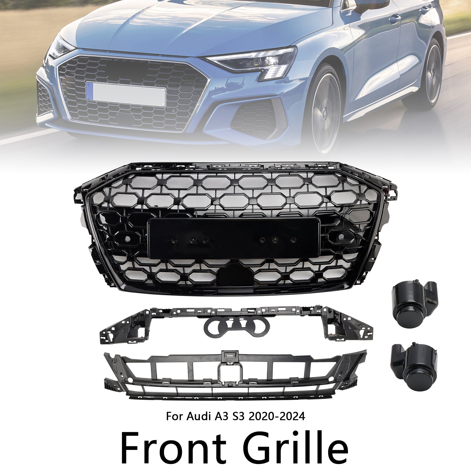 2020-2024 Audi A3 S3 RS3 Style Honeycomb Front Grille Grill Gloss Black