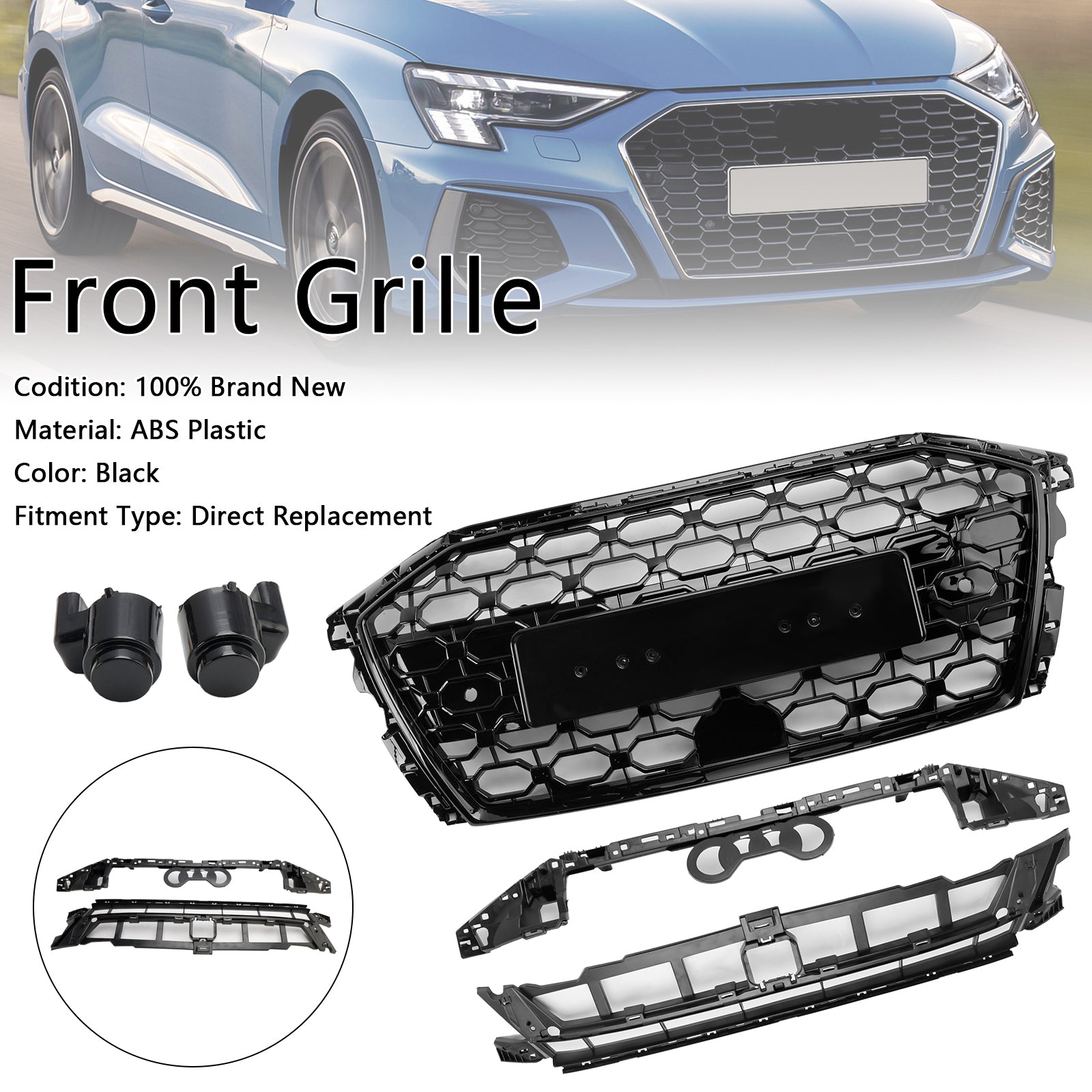 2020-2024 Audi A3 S3 RS3 Style Honeycomb Front Grille Grill Gloss Black