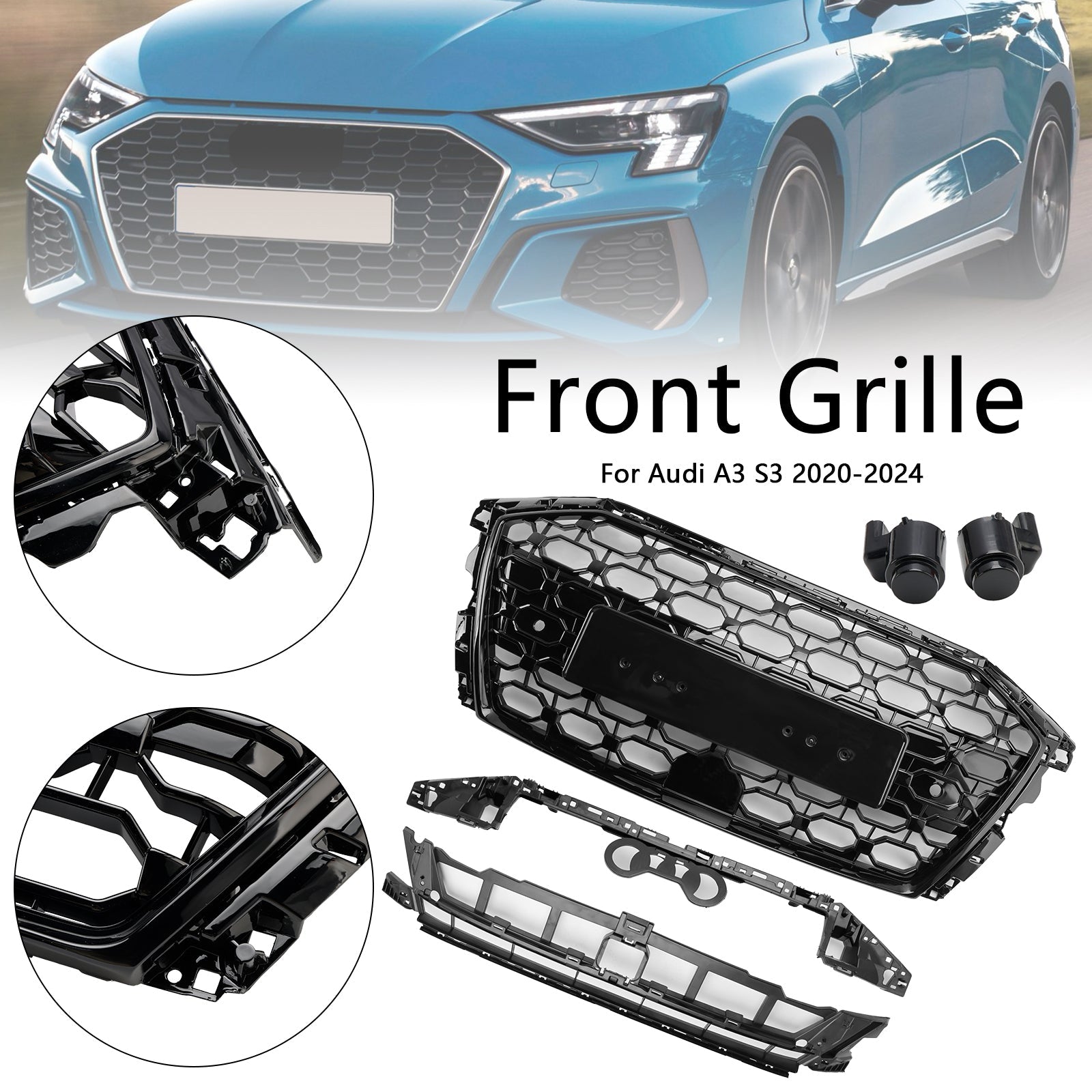 2020-2024 Audi A3 S3 RS3 Style Honeycomb Front Grille Grill Gloss Black