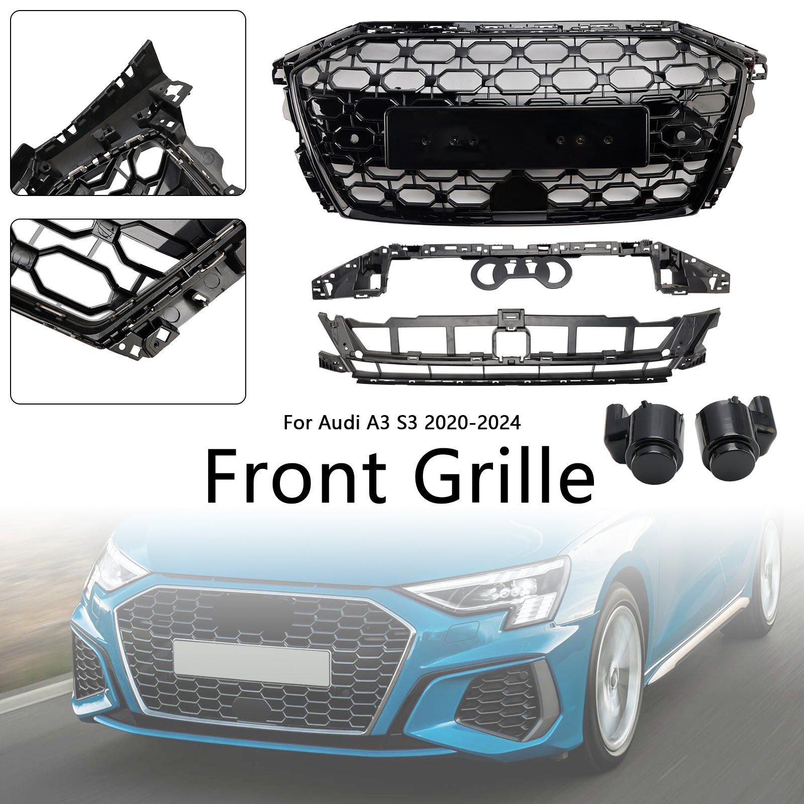 2020-2024 Audi A3 S3 RS3 Style Honeycomb Front Grille Grill Gloss Black