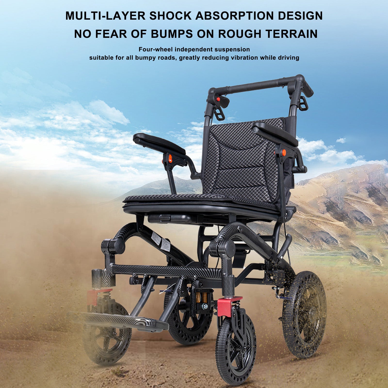 High-Density Aluminum Alloy Foldable Wheelchair with Shock-Absorbing Wheels and Trolley-Style Handle – Lightweight Compact and Puncture-Free for Easy Travel