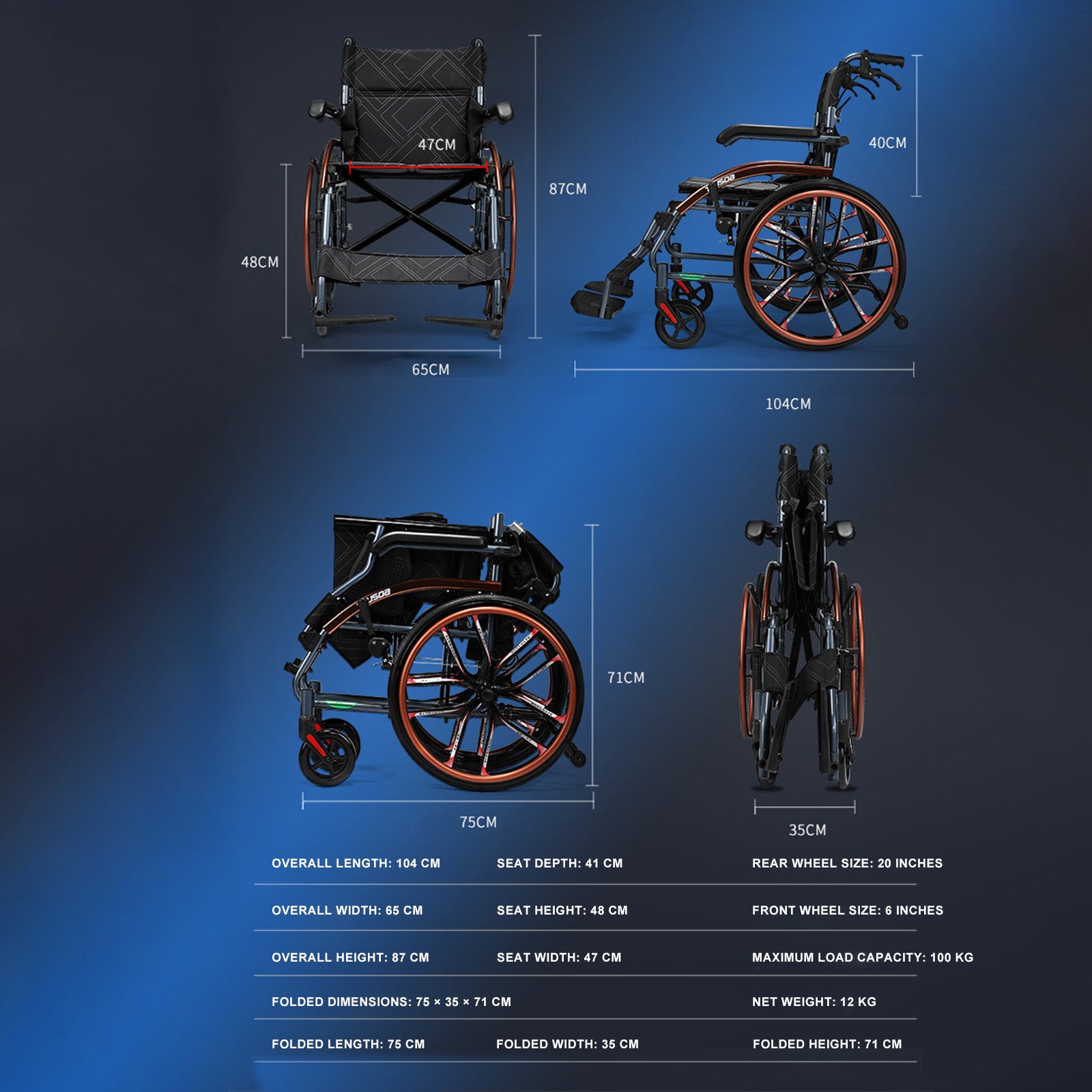 Hand-Push Aluminum Alloy Frame Wheelchair with Magnesium Alloy Wheels Adjustable Footrests and Eco-Friendly Oxford Fabric Seat – Lightweight Easy-to-Fold