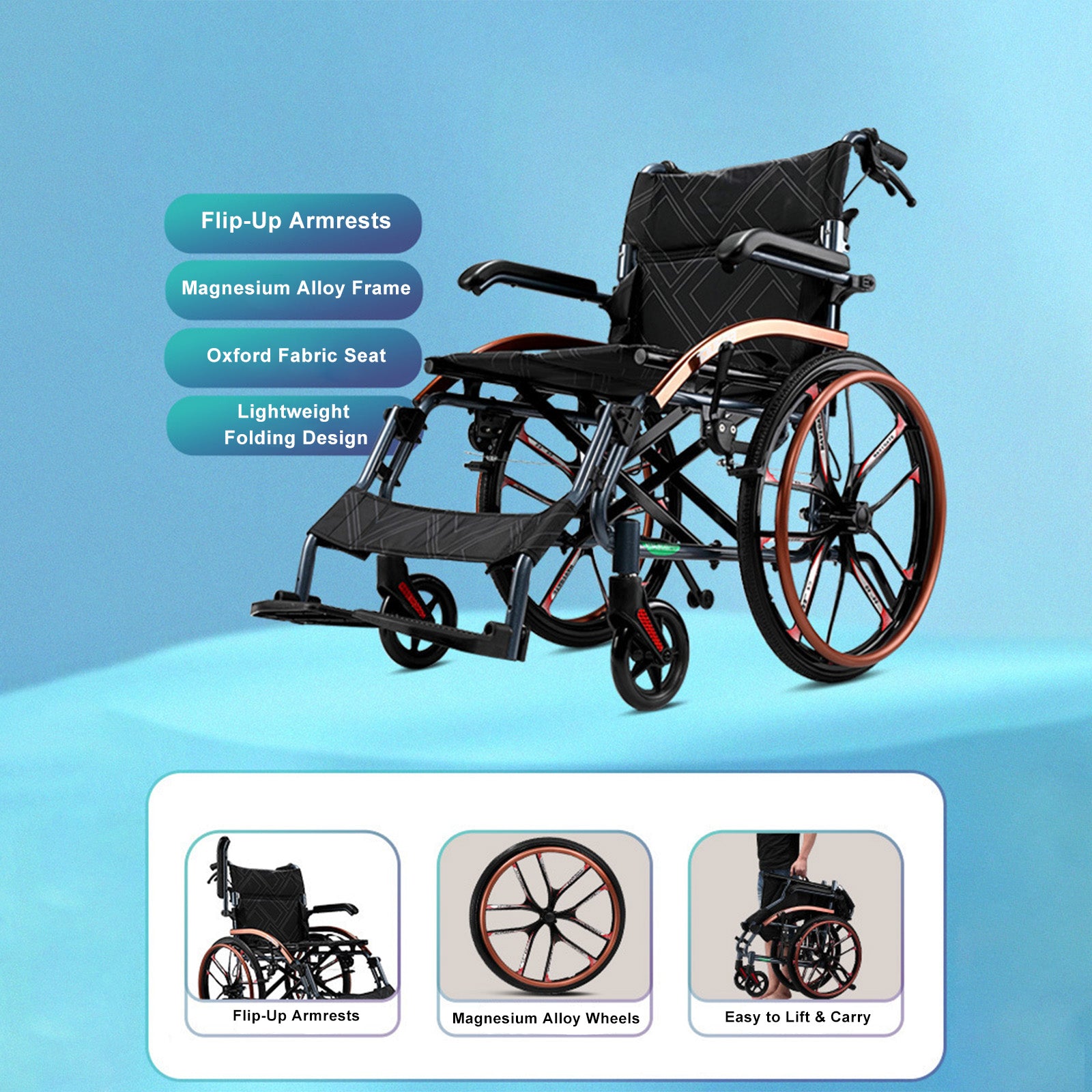 Hand-Push Aluminum Alloy Frame Wheelchair with Magnesium Alloy Wheels Adjustable Footrests and Eco-Friendly Oxford Fabric Seat – Lightweight Easy-to-Fold