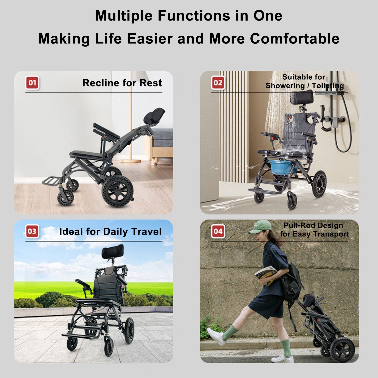 Foldable Manual Wheelchair with Lightweight Aluminum Alloy Frame Shock-Absorbing Honeycomb Wheels