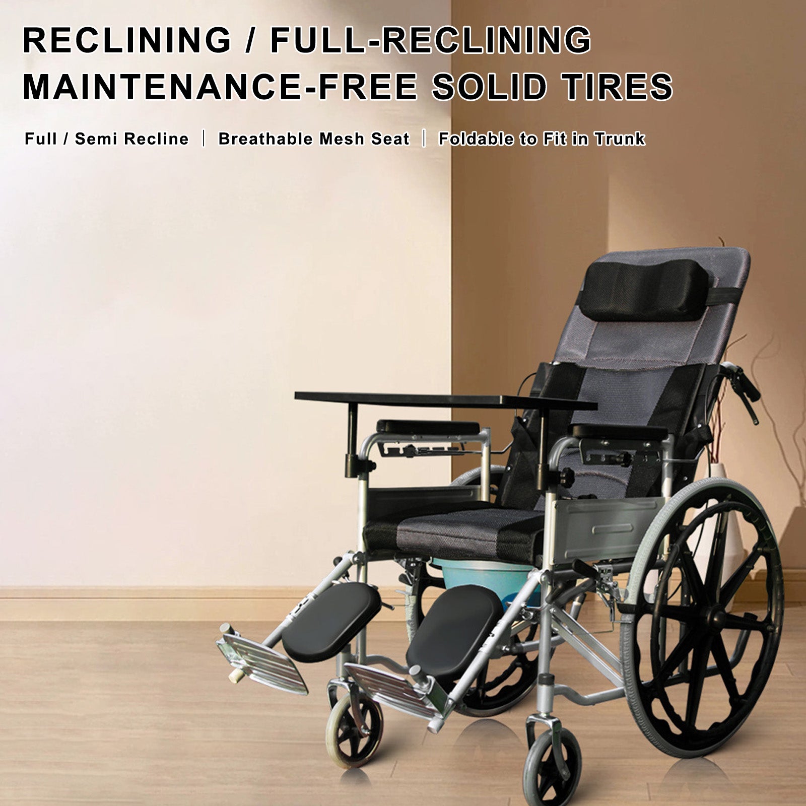 Adjustable Reclining Manual Wheelchair – Full Recline Breathable Mesh and Solid Tires for Comfort and Mobility